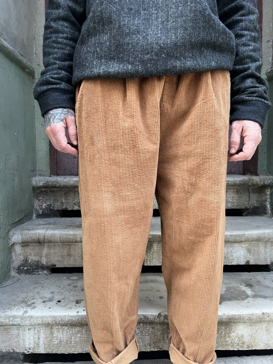 Unisex Fitilli Kışlık Kadife Pantolon Camel – Beli Lastikli, Cepli