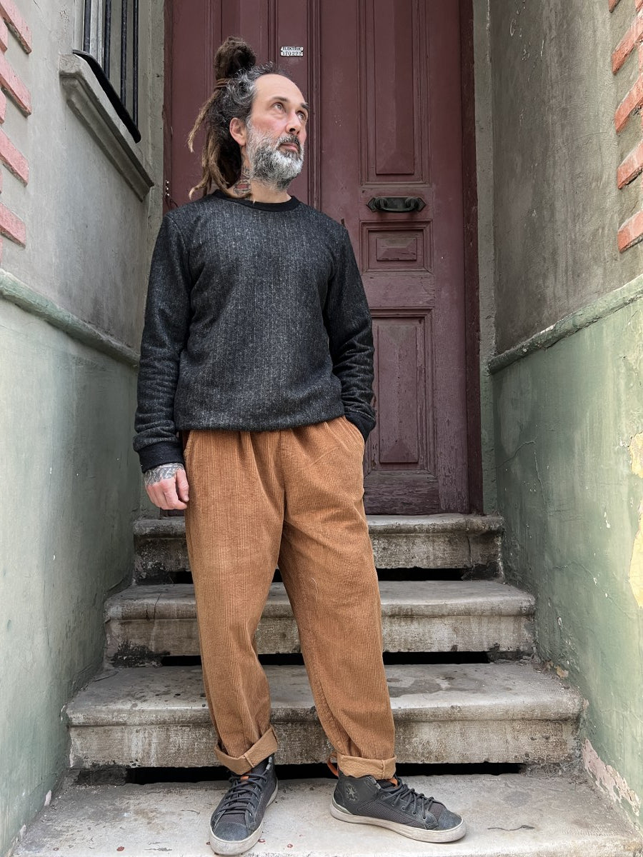 Unisex Fitilli Kışlık Kadife Pantolon Camel – Beli Lastikli, Cepli