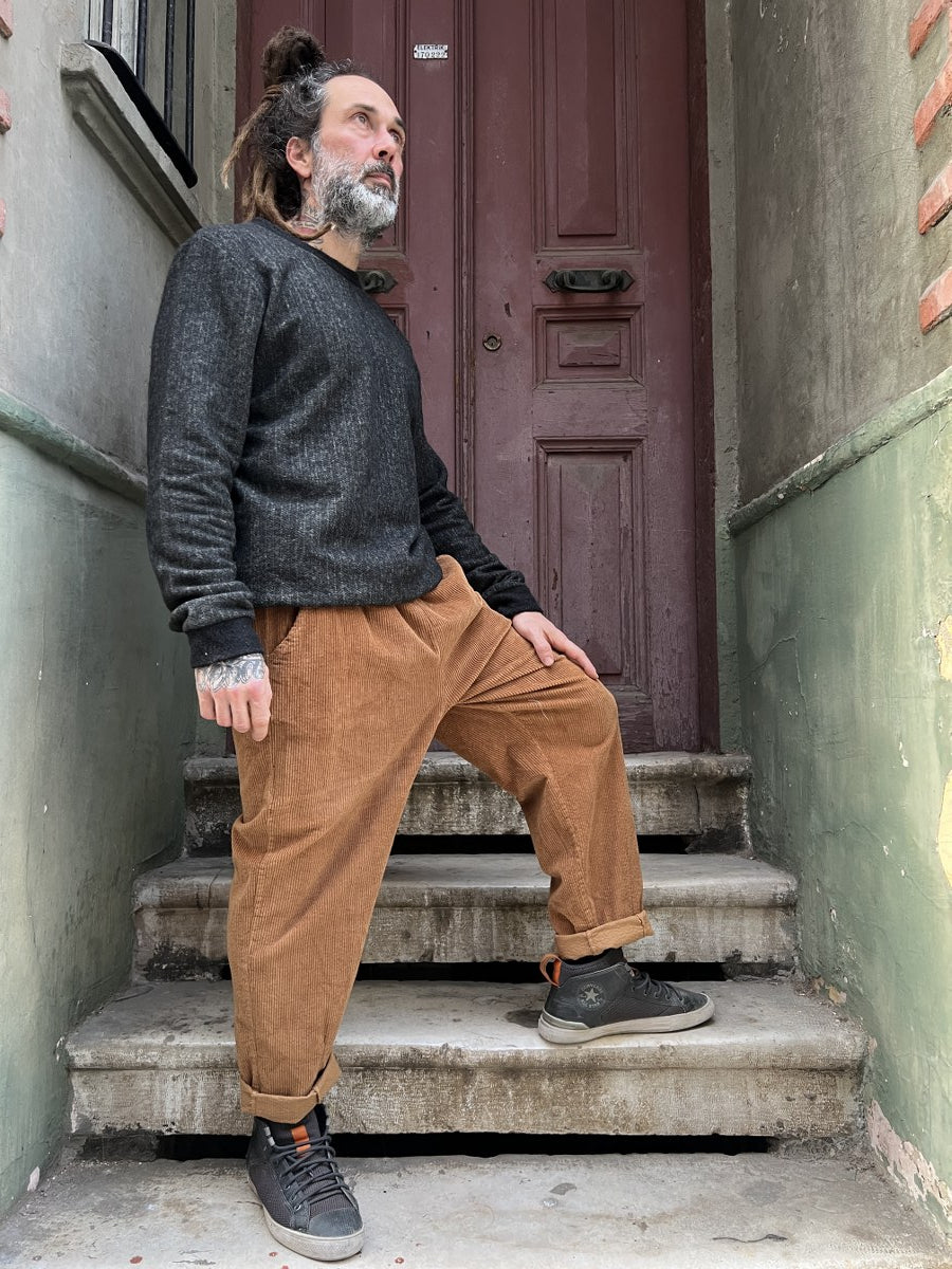 Unisex Fitilli Kışlık Kadife Pantolon Camel – Beli Lastikli, Cepli