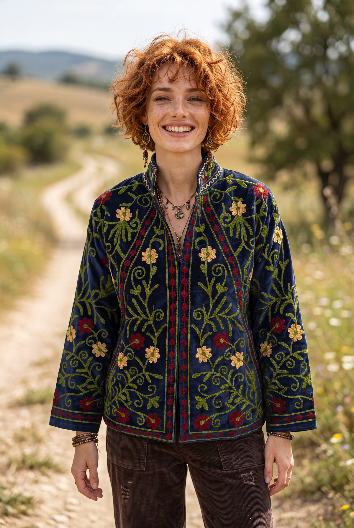 Nerissa – Suzani İşlemeli Lacivert Kadife Bohem Kadın Ceket