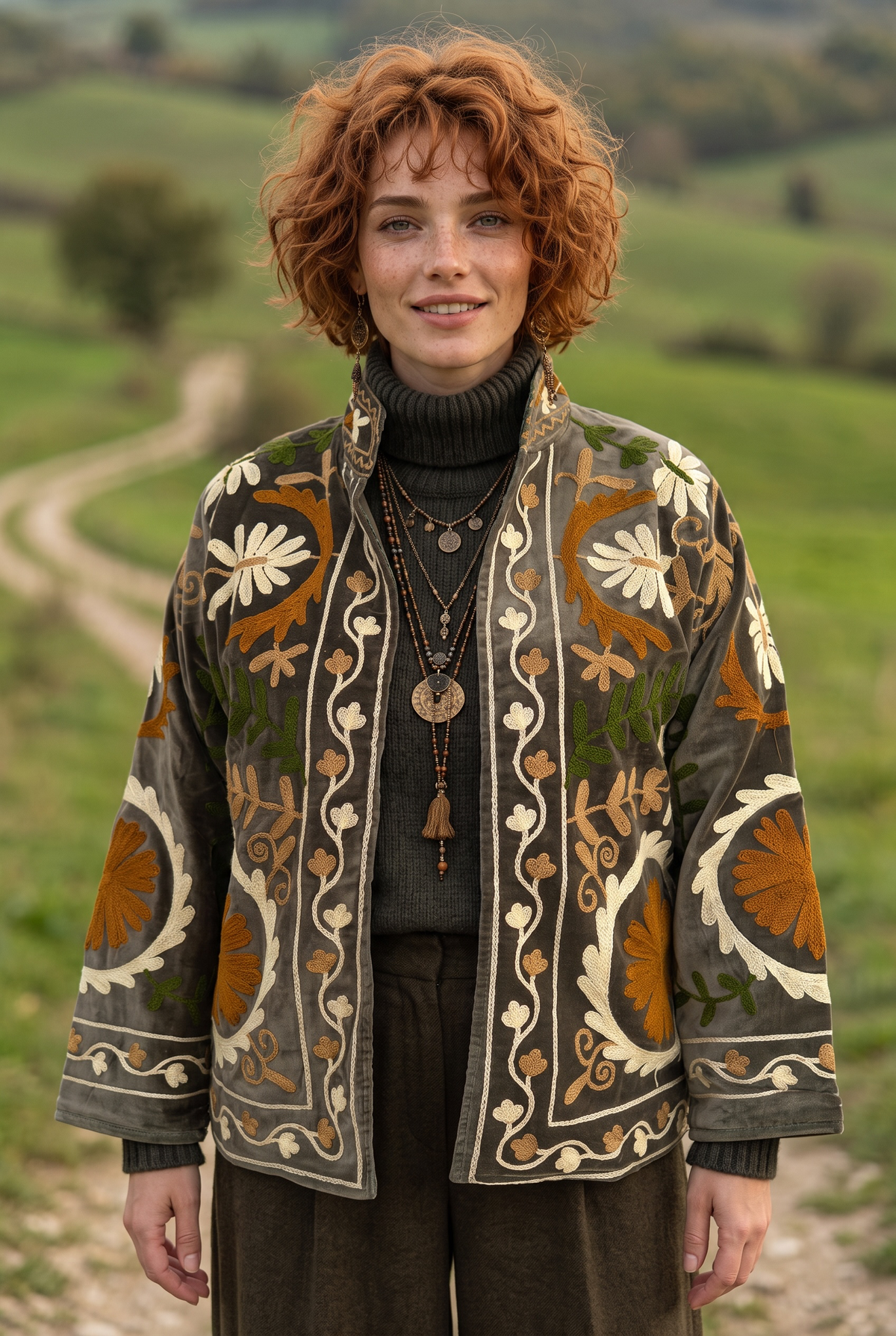 Terra – Suzani İşlemeli Zeytin Yeşili Kadife Bohem Kadın Ceket
