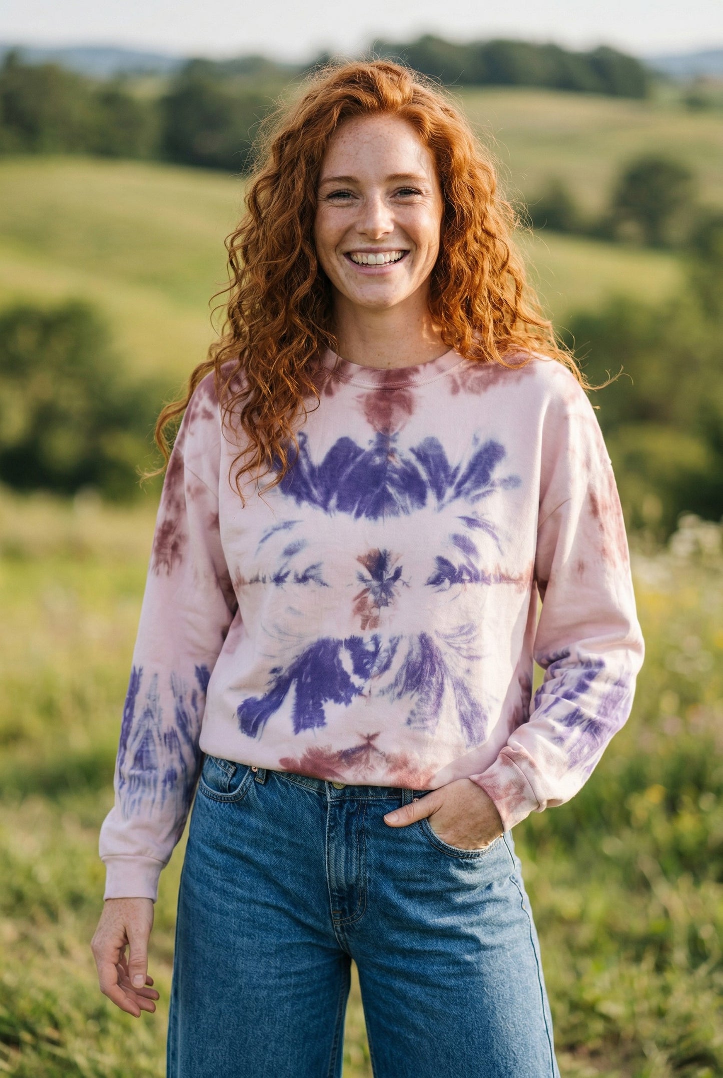 Batik Desenli Oversize Kadın Sweatshirt – %100 Pamuk, Kahve Mavi Düş