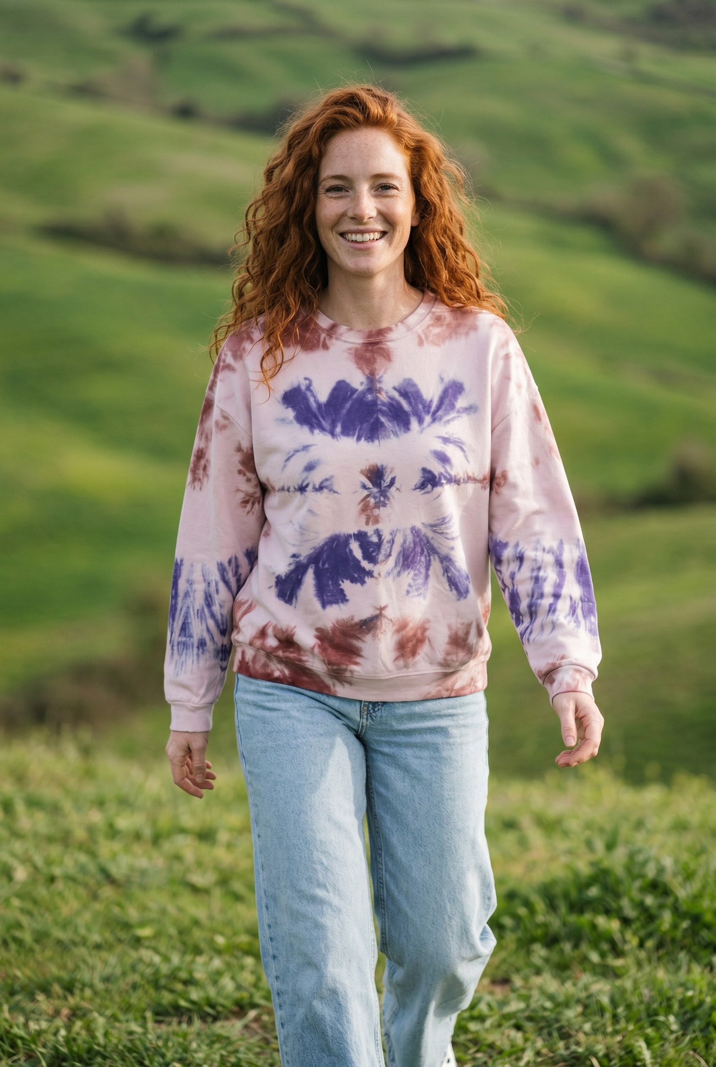 Batik Desenli Oversize Kadın Sweatshirt – %100 Pamuk, Kahve Mavi Düş