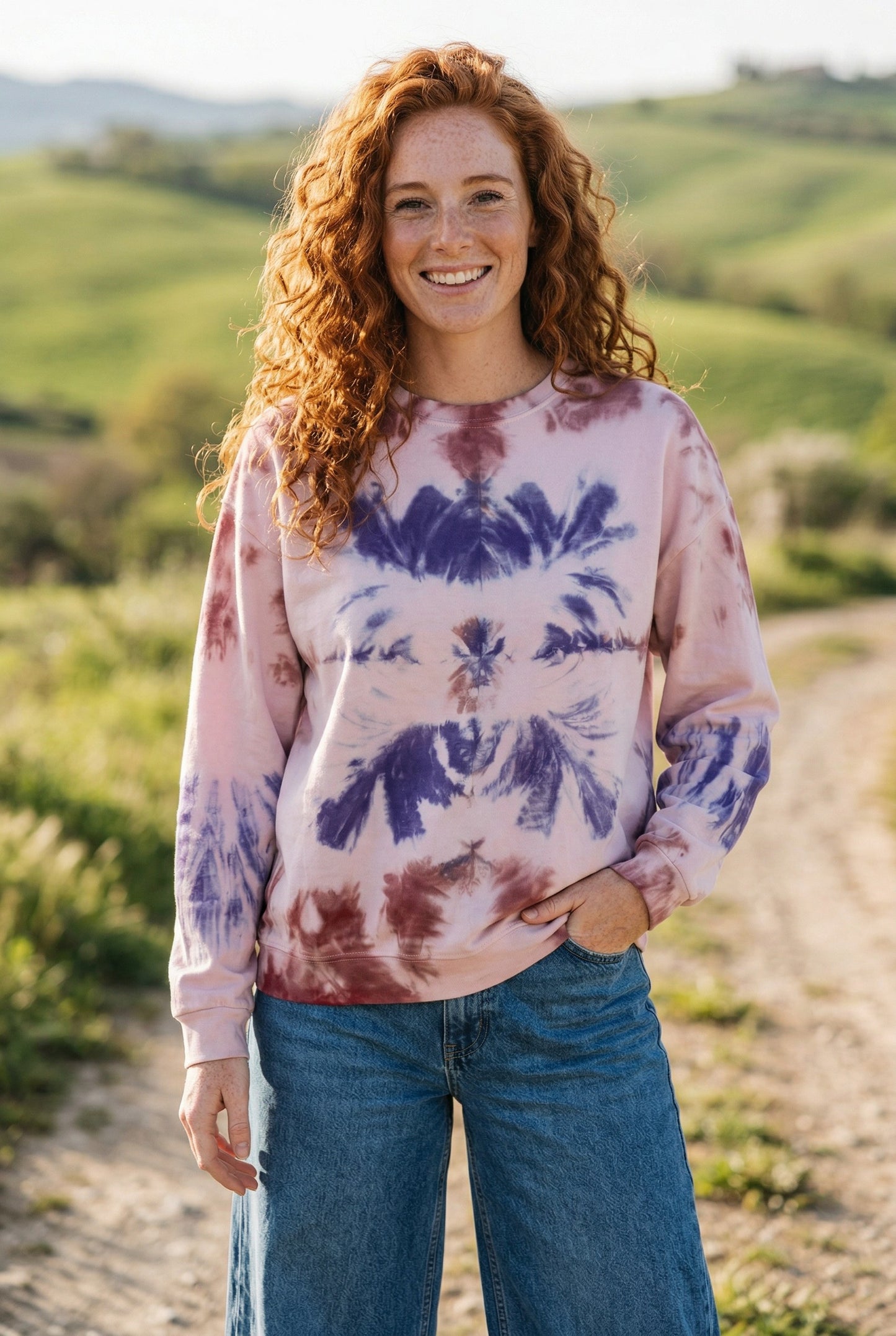 Batik Desenli Oversize Kadın Sweatshirt – %100 Pamuk, Kahve Mavi Düş