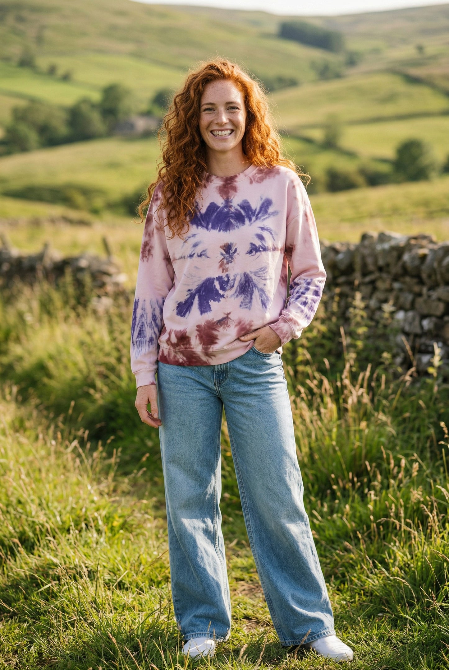 Batik Desenli Oversize Kadın Sweatshirt – %100 Pamuk, Kahve Mavi Düş