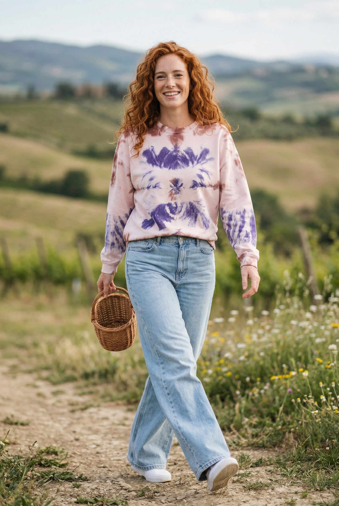 Batik Desenli Oversize Kadın Sweatshirt – %100 Pamuk, Kahve Mavi Düş