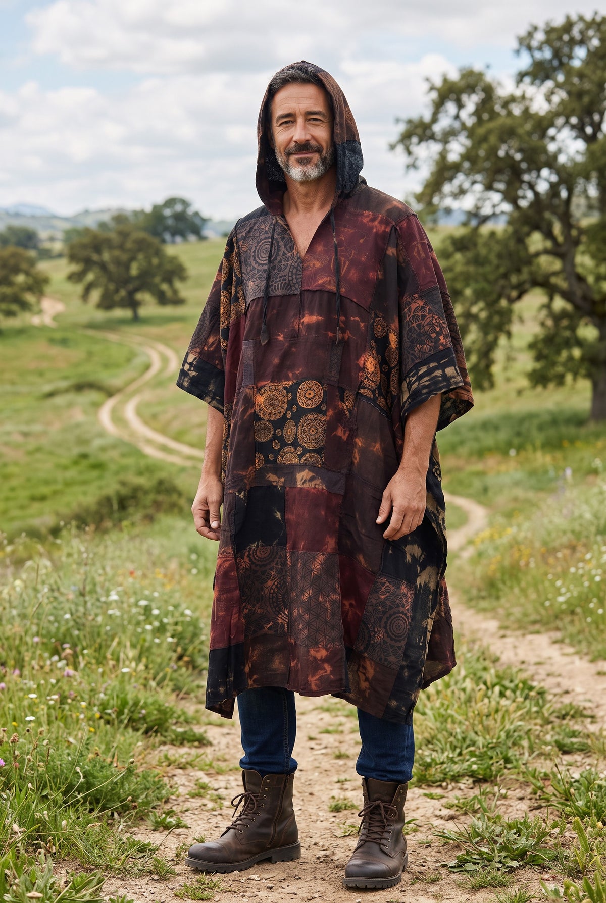 Tamang Nepal Patchwork Kapüşonlu Panço – Unisex Bordo Kahve Etnik Tasarım