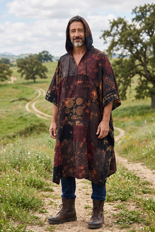 Tamang Nepal Patchwork Kapüşonlu Panço – Unisex Bordo Kahve Etnik Tasarım