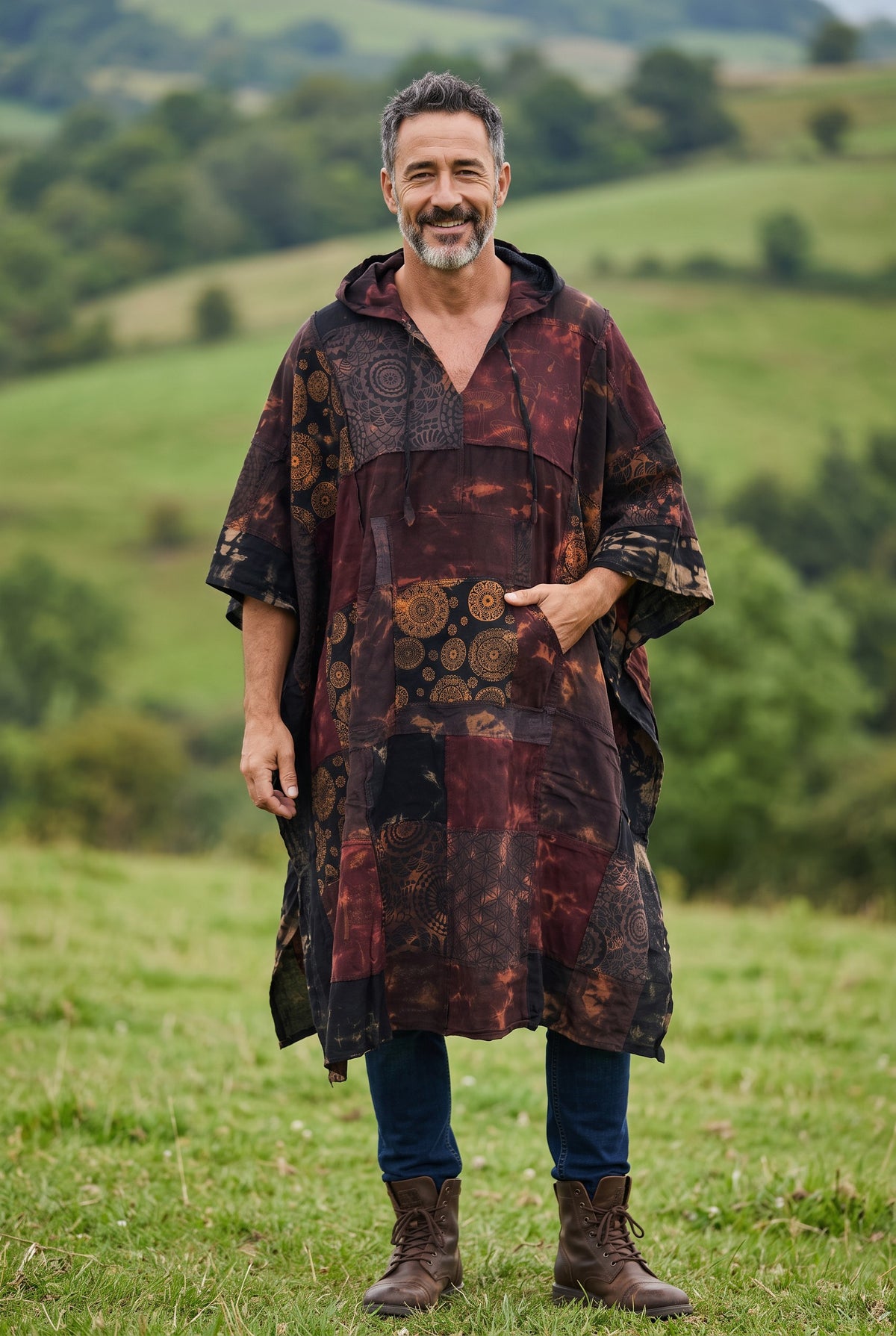 Tamang Nepal Patchwork Kapüşonlu Panço – Unisex Bordo Kahve Etnik Tasarım