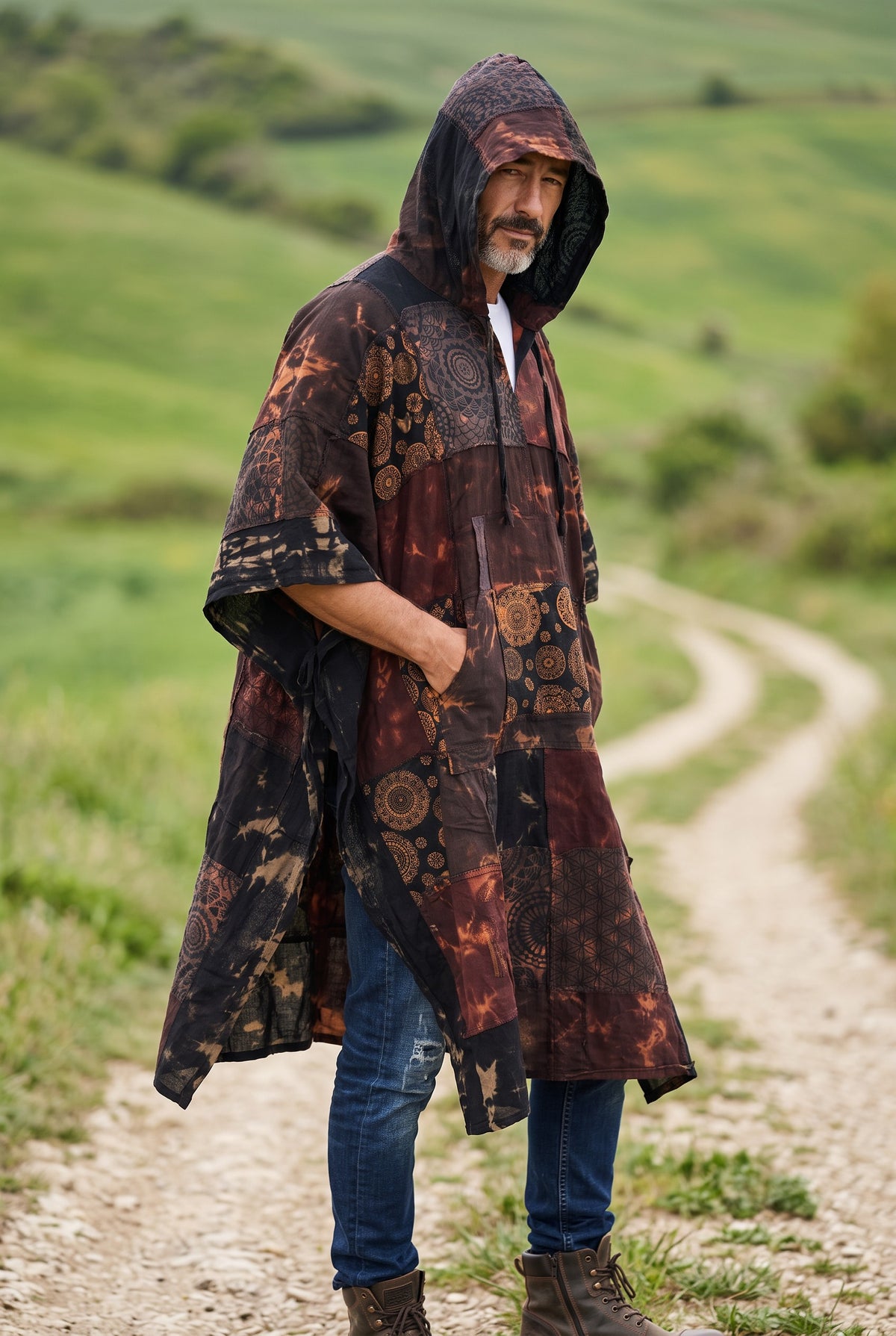 Tamang Nepal Patchwork Kapüşonlu Panço – Unisex Bordo Kahve Etnik Tasarım