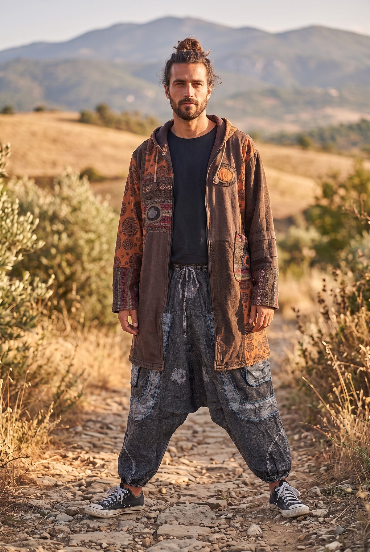 Unisex Nepal Etnik Patchwork Polar Astarlı Uzun Kapüşonlu Ceket Mont – Kahve