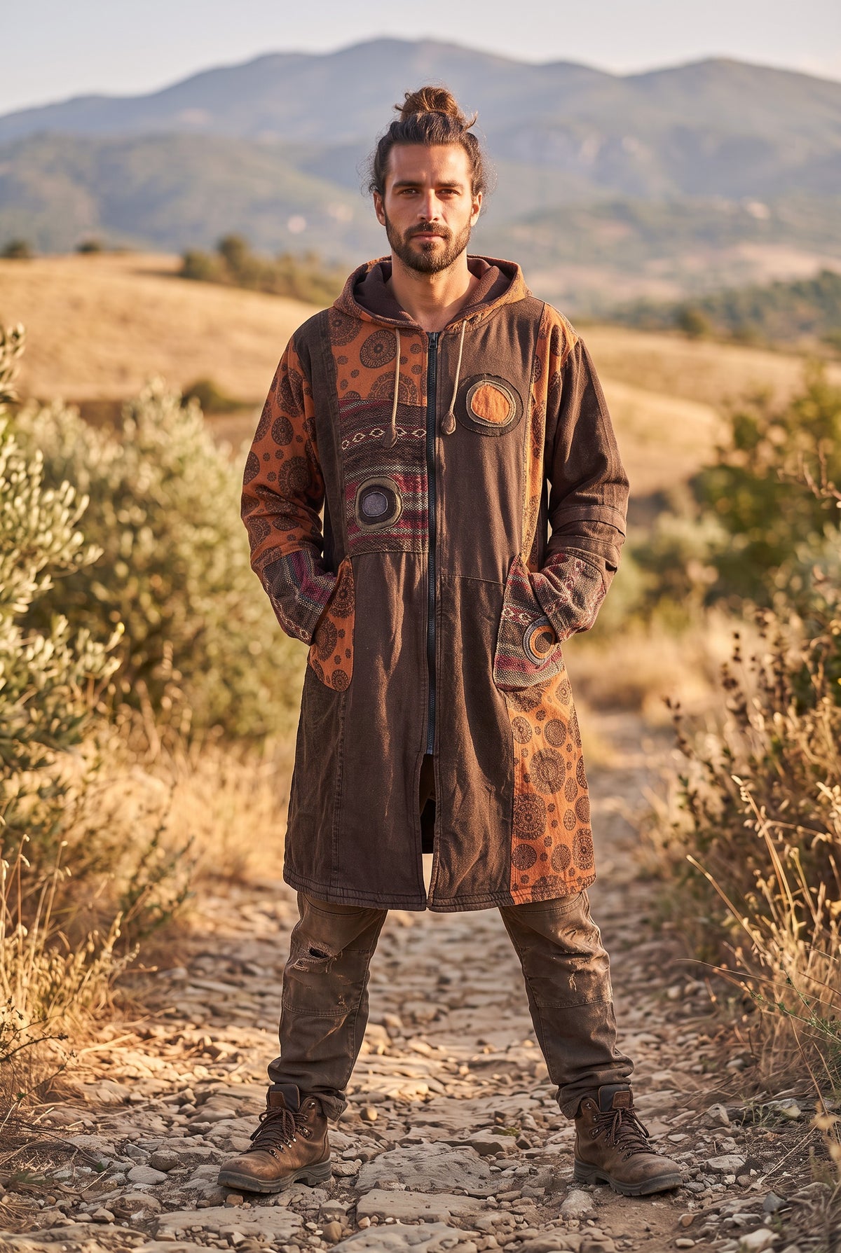 Unisex Nepal Etnik Patchwork Polar Astarlı Uzun Kapüşonlu Ceket Mont – Kahve