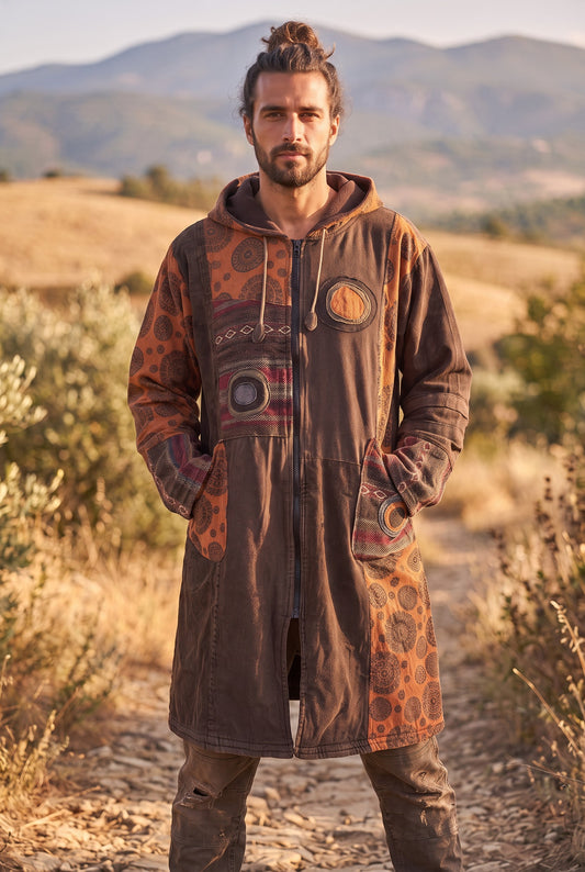 Unisex Nepal Etnik Patchwork Polar Astarlı Uzun Kapüşonlu Ceket Mont – Kahve