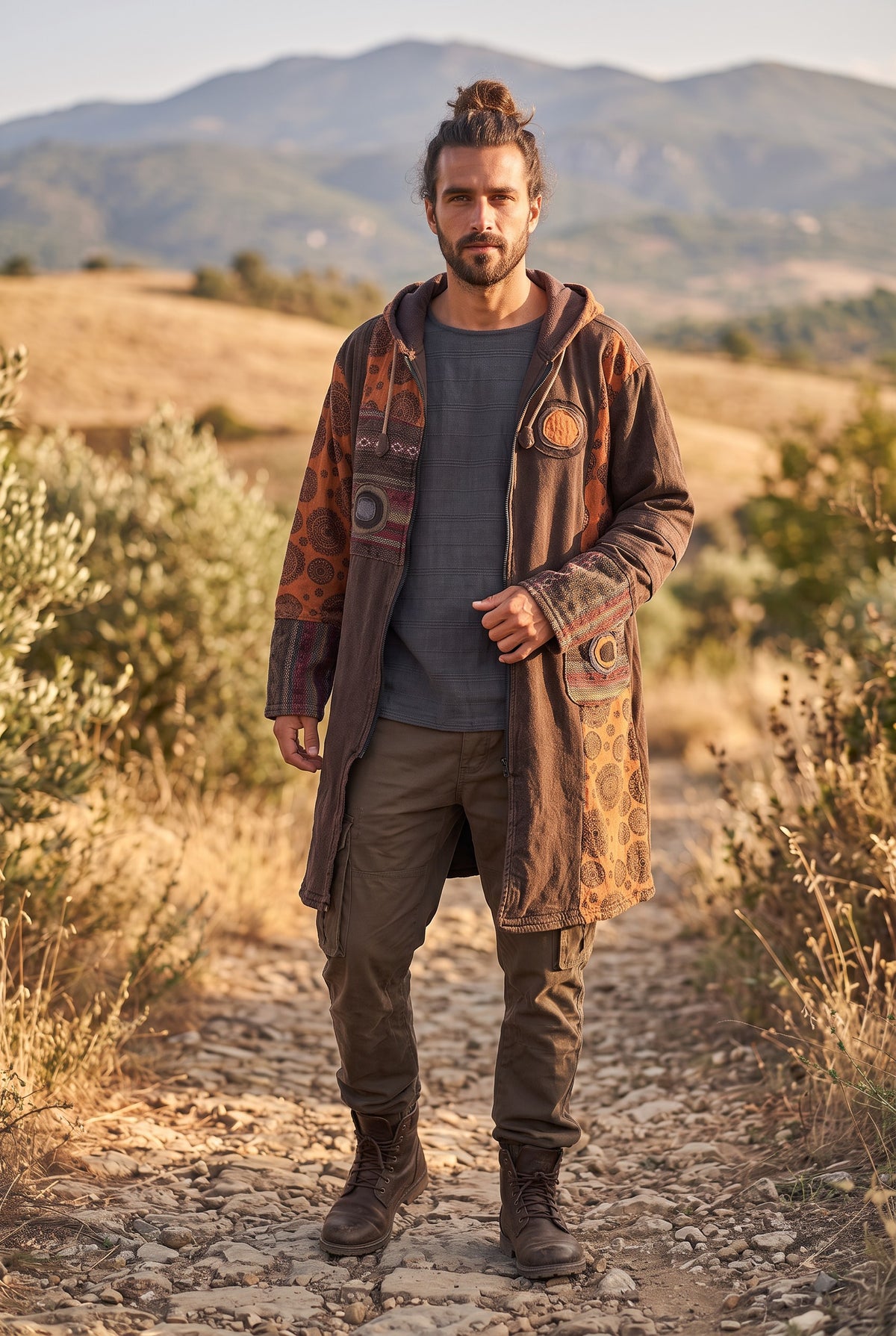 Unisex Nepal Etnik Patchwork Polar Astarlı Uzun Kapüşonlu Ceket Mont – Kahve
