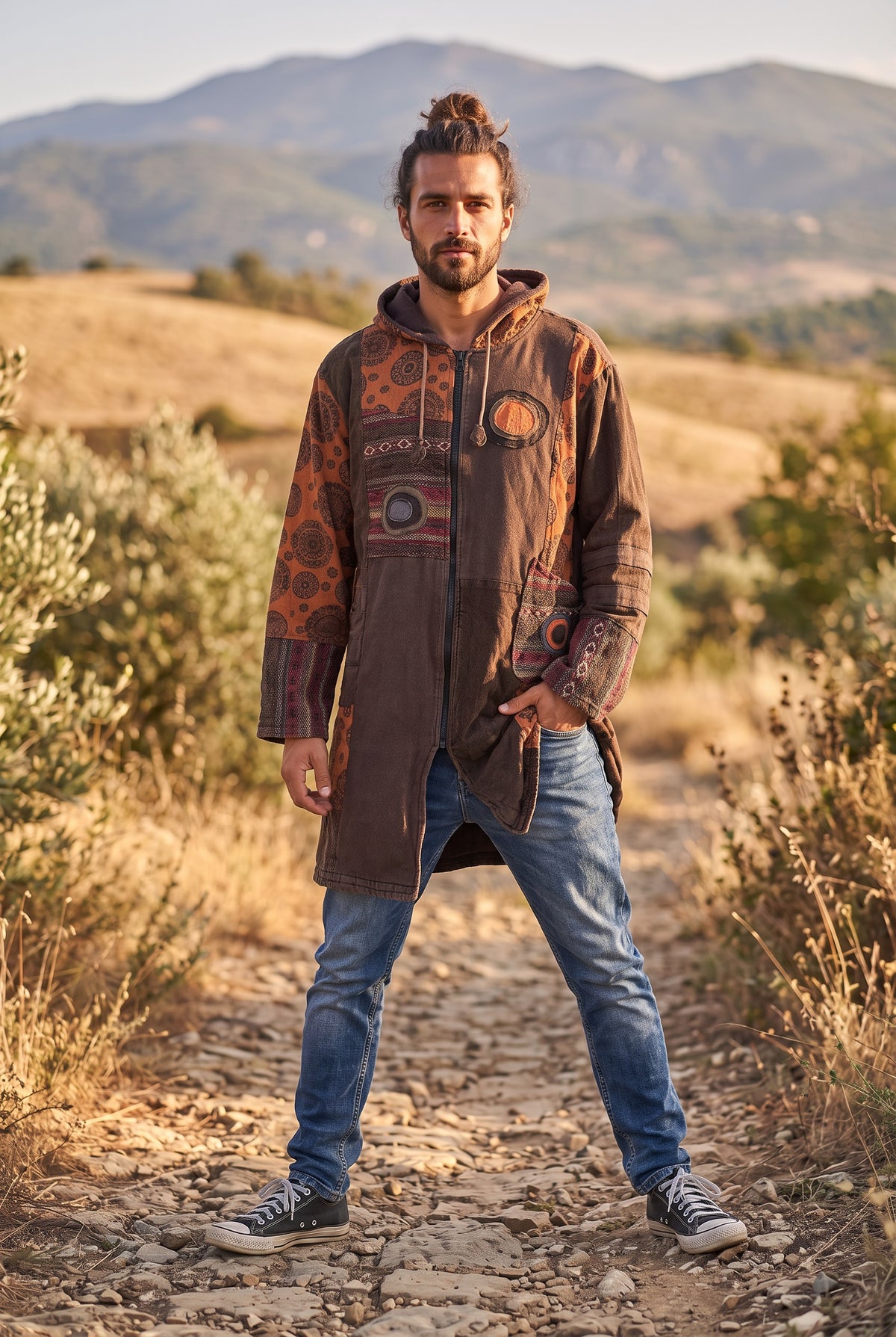 Unisex Nepal Etnik Patchwork Polar Astarlı Uzun Kapüşonlu Ceket Mont – Kahve