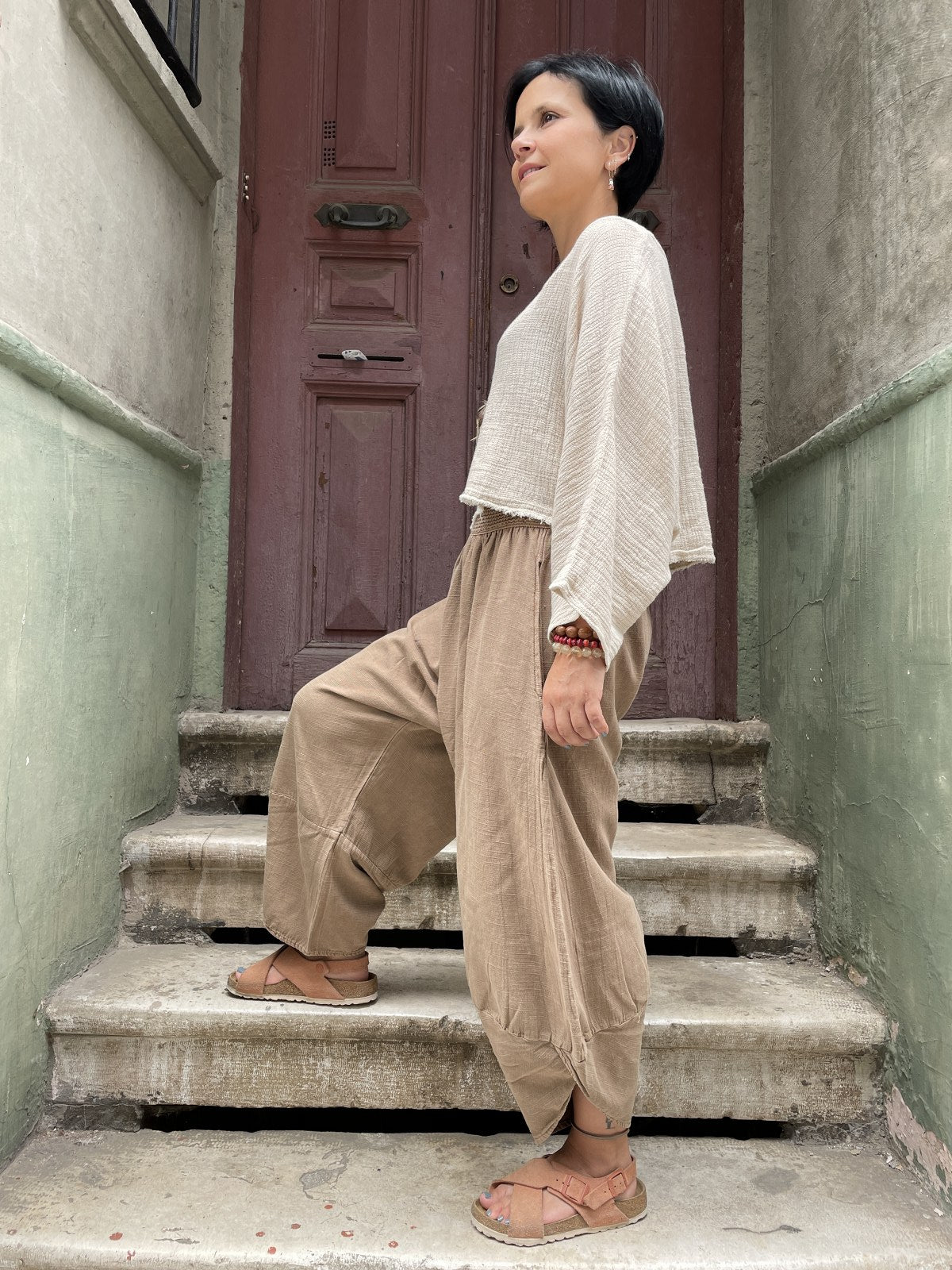 Bohem Lastik Bel Kahve Kadın Yoga Pantolonu