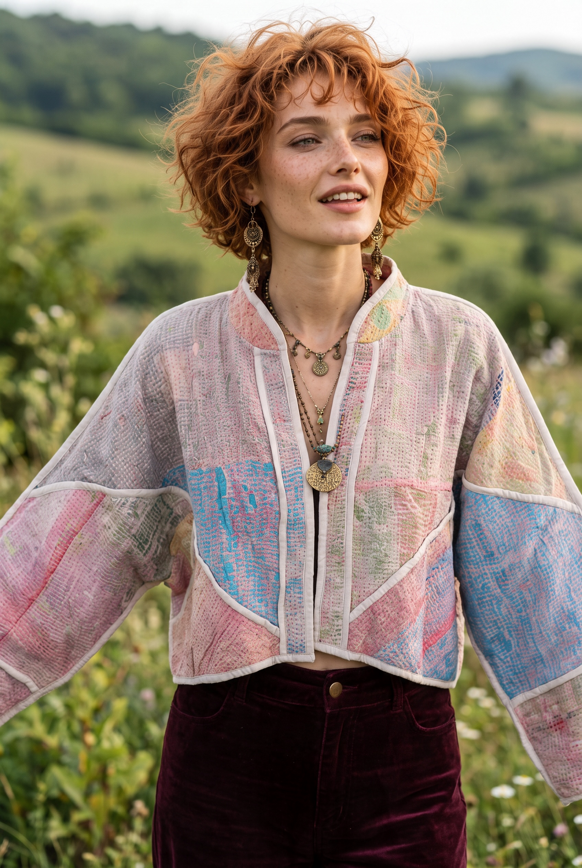 Mira Kantha – Çift Taraflı Pastel Patchwork Bohem Kadın Ceket