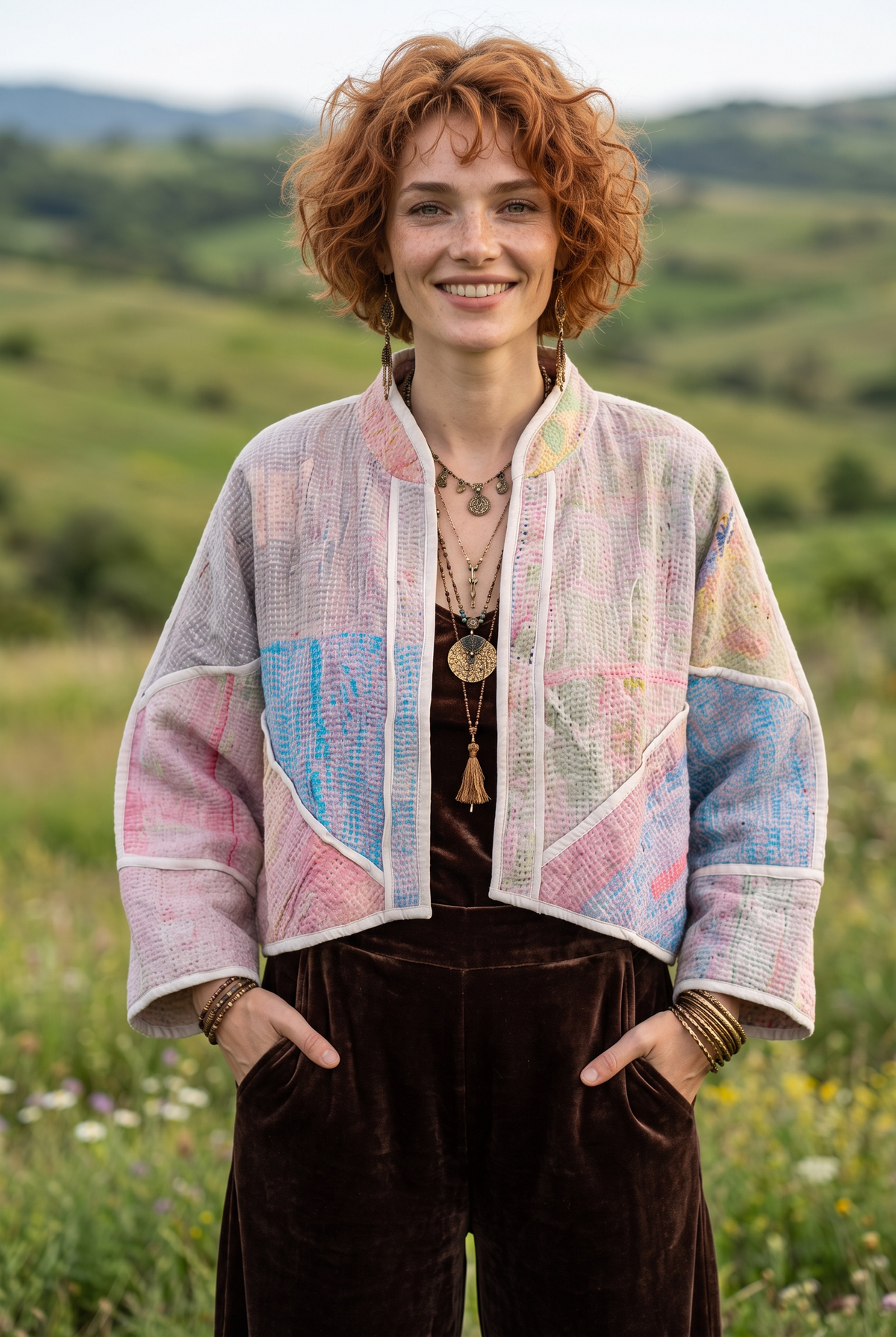Mira Kantha – Çift Taraflı Pastel Patchwork Bohem Kadın Ceket