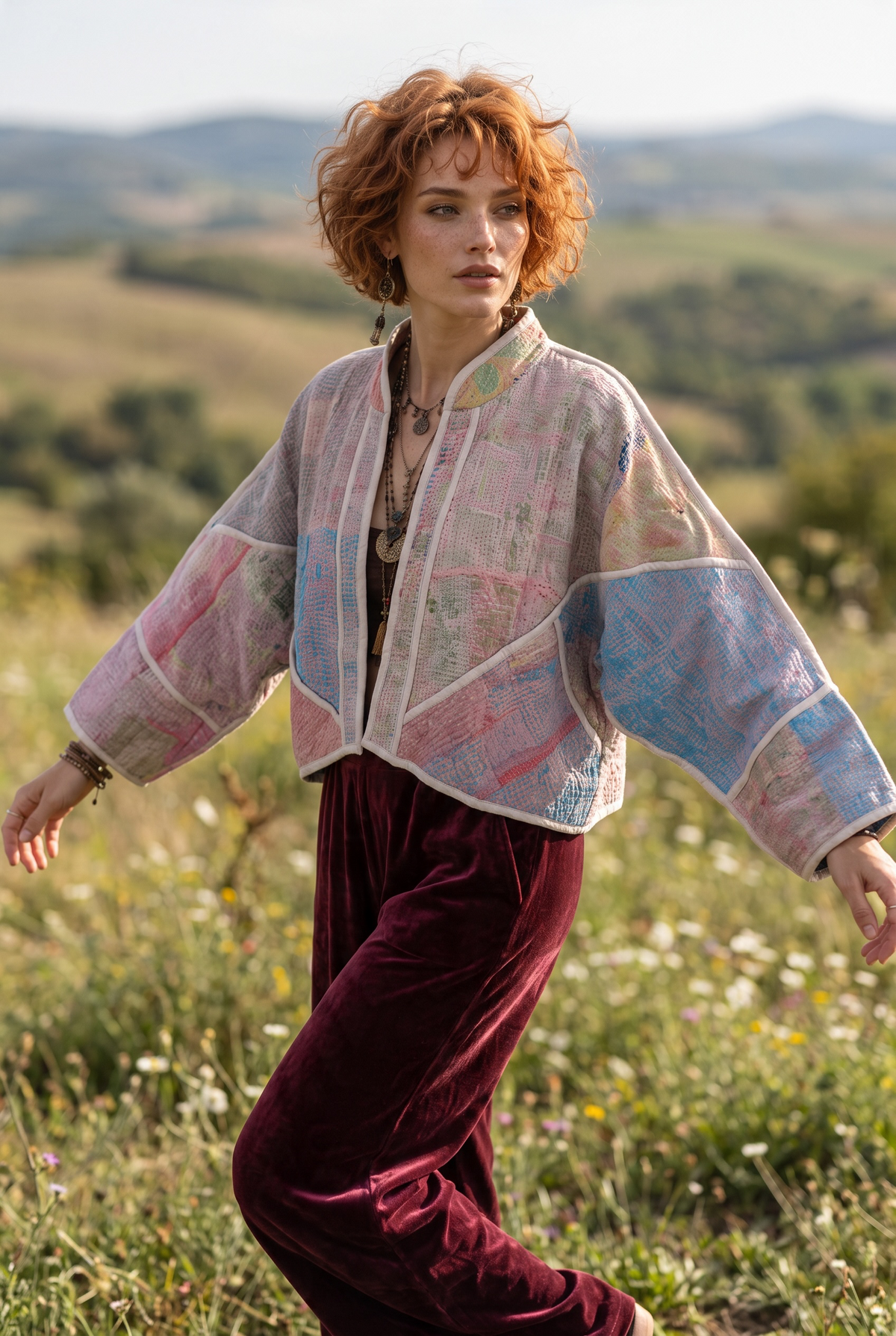 Mira Kantha – Çift Taraflı Pastel Patchwork Bohem Kadın Ceket