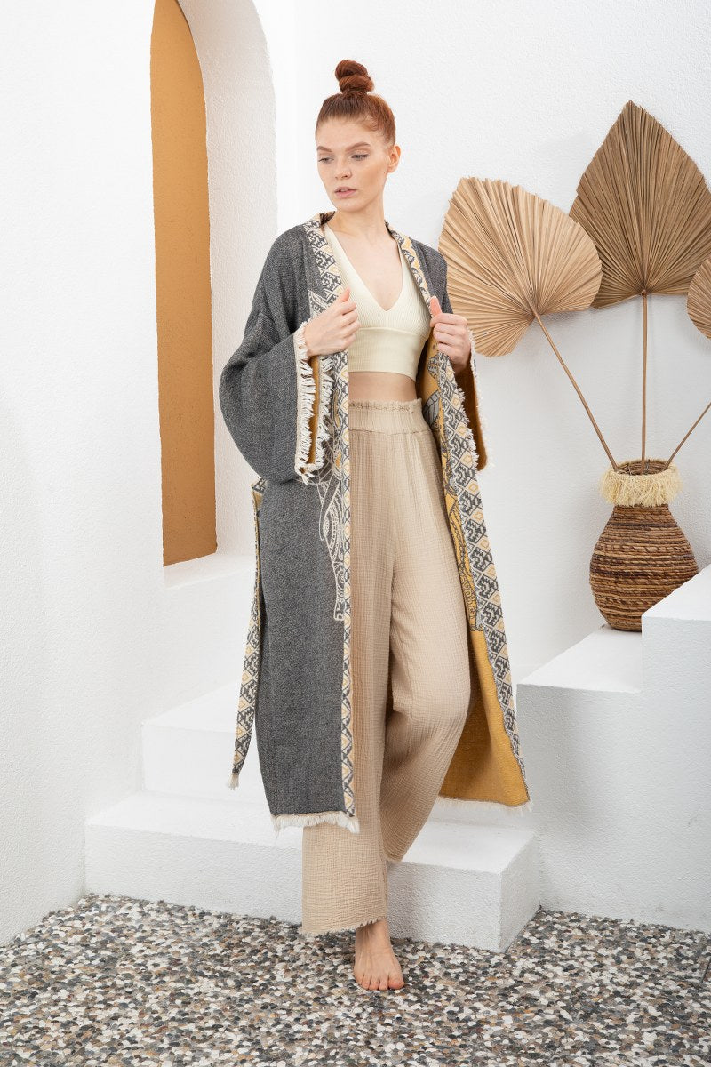 Antrasit Bohem Kadın Fil Desenli Doğal Kumaş Kimono Bornoz Kaftan