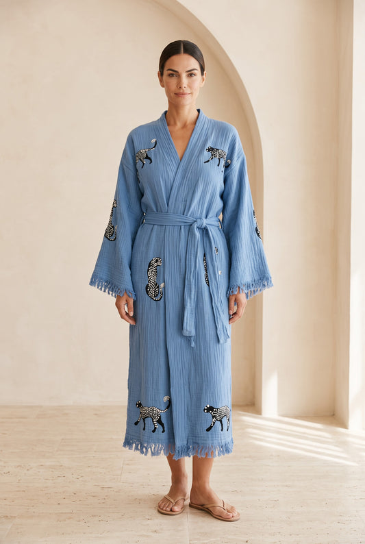 Sahara Leopar Desenli Müslin Kimono Kaftan – Mavi