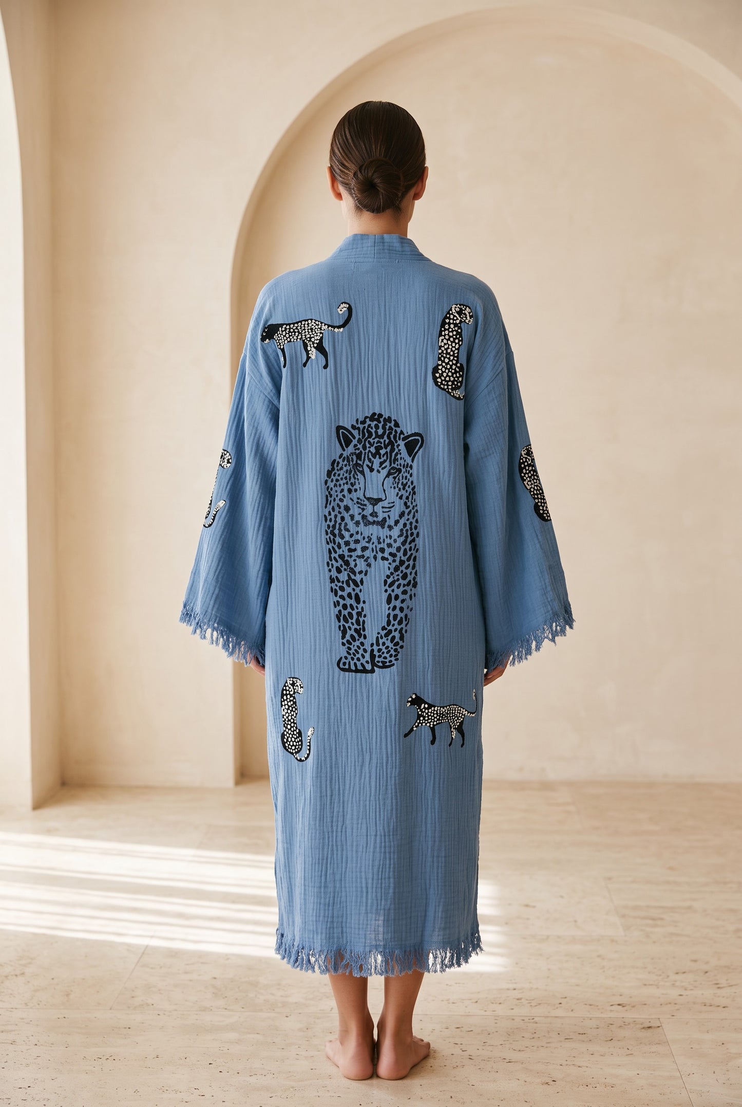Sahara Leopar Desenli Müslin Kimono Kaftan – Mavi