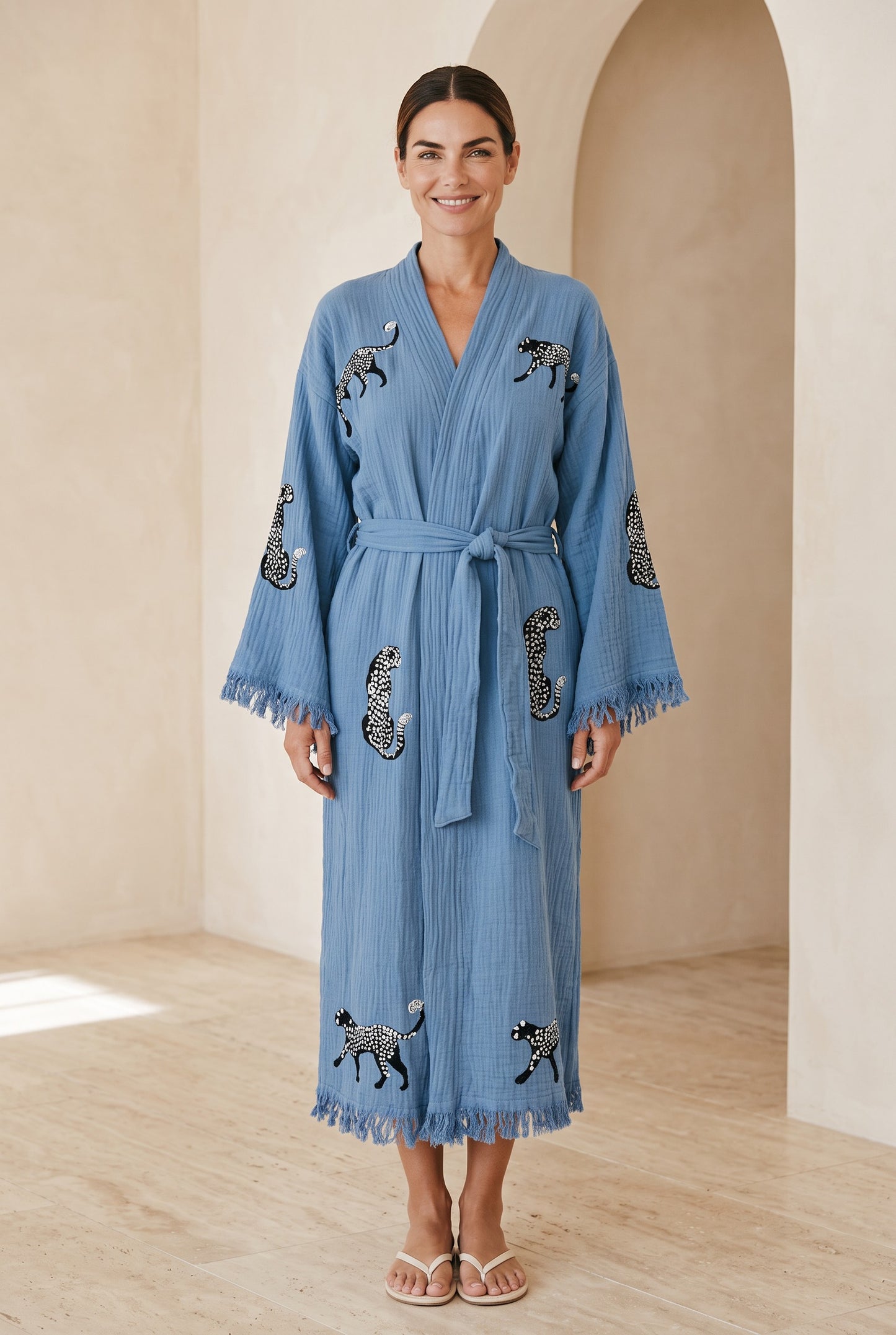 Sahara Leopar Desenli Müslin Kimono Kaftan – Mavi