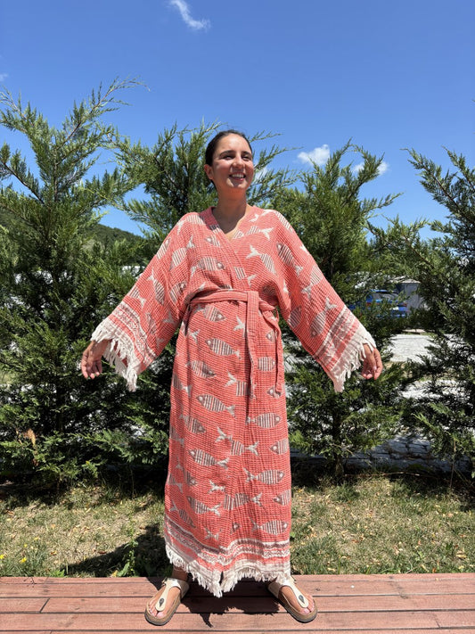 Balık Desenli Unisex Pamuk Kaftan