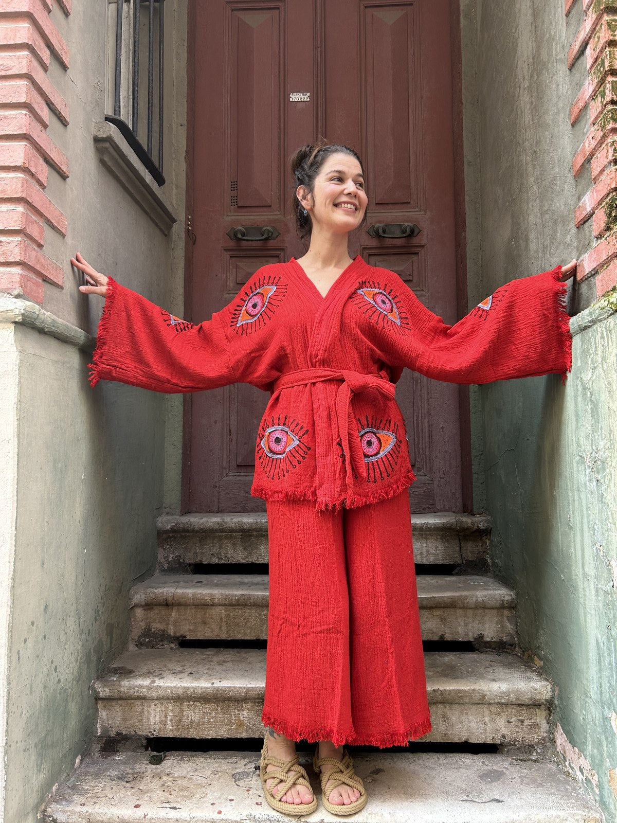 Bohem Gözlü Desenli Kadın Kırmızı Müslin Kimono