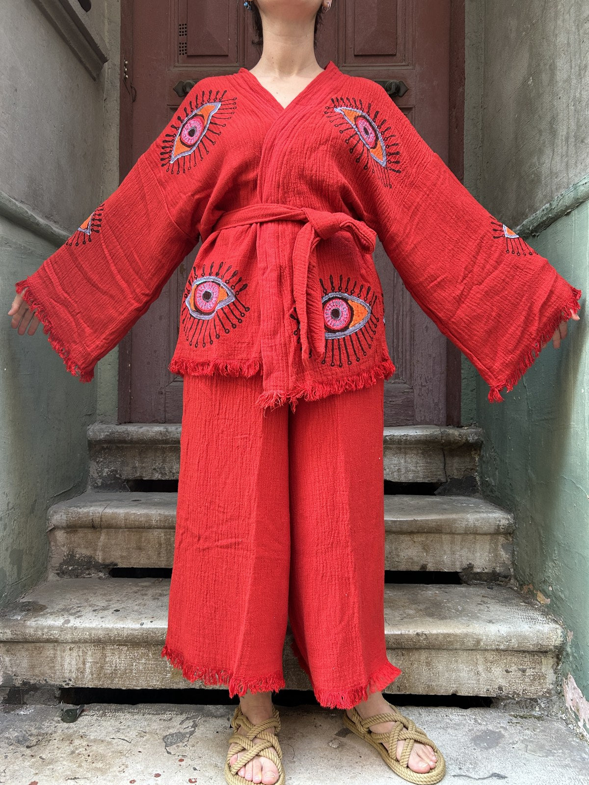 Bohem Gözlü Desenli Kadın Kırmızı Müslin Kimono