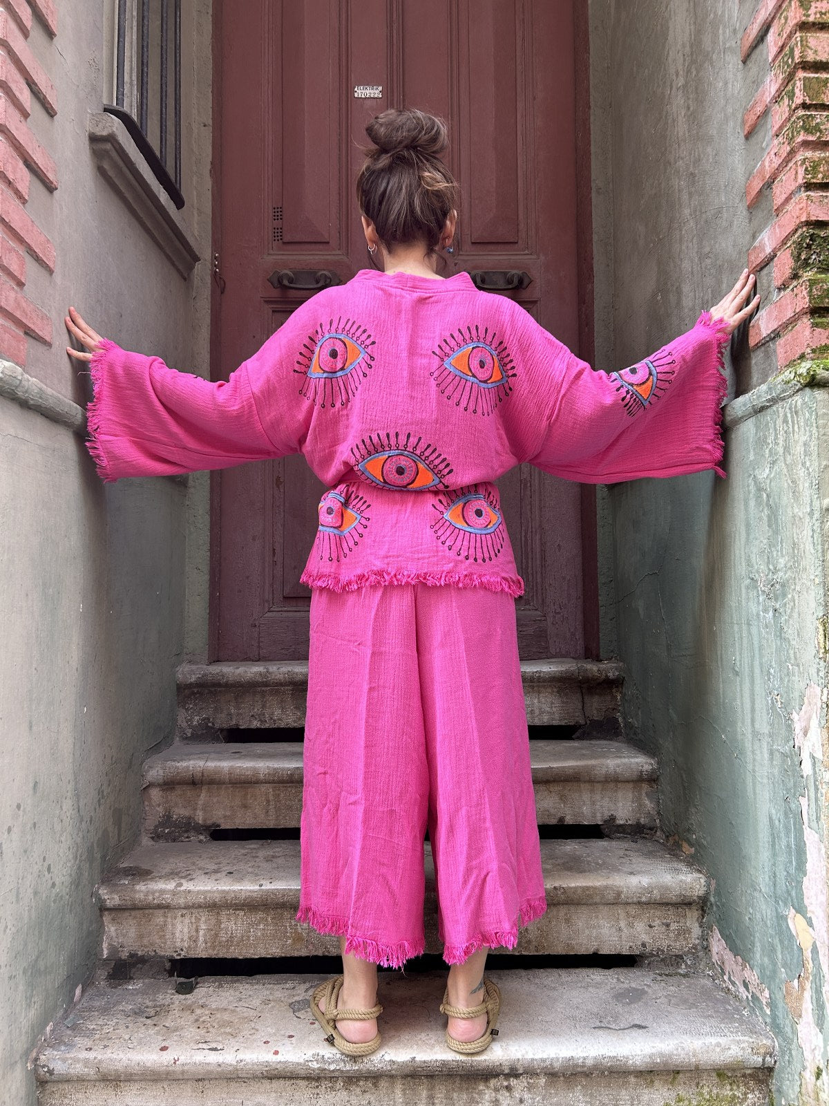 Bohem Gözlü Desenli Kadın Pembe Müslin Kimono