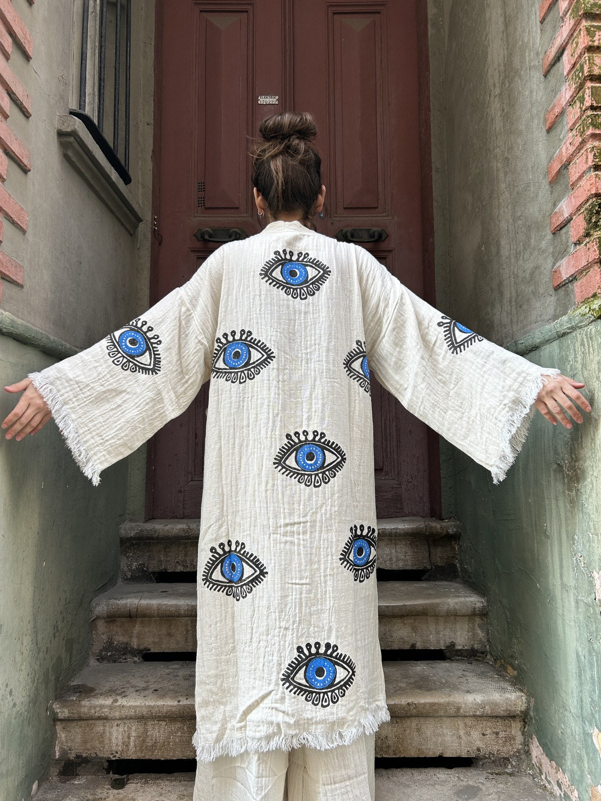 Mavi Göz Desenli Kadın Müslin Uzun Kimono
