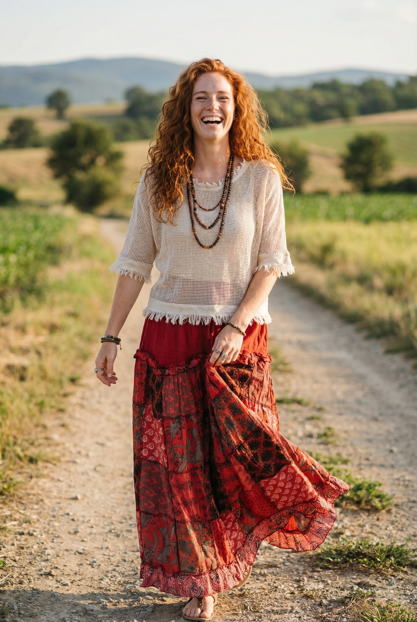 Nepal Patchwork Bohem Etek – %100 Pamuk, Lastikli Bel – Kiremit