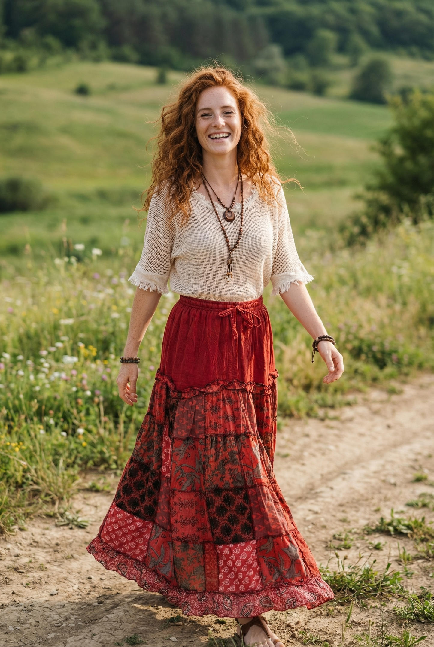 Nepal Patchwork Bohem Etek – %100 Pamuk, Lastikli Bel – Kiremit