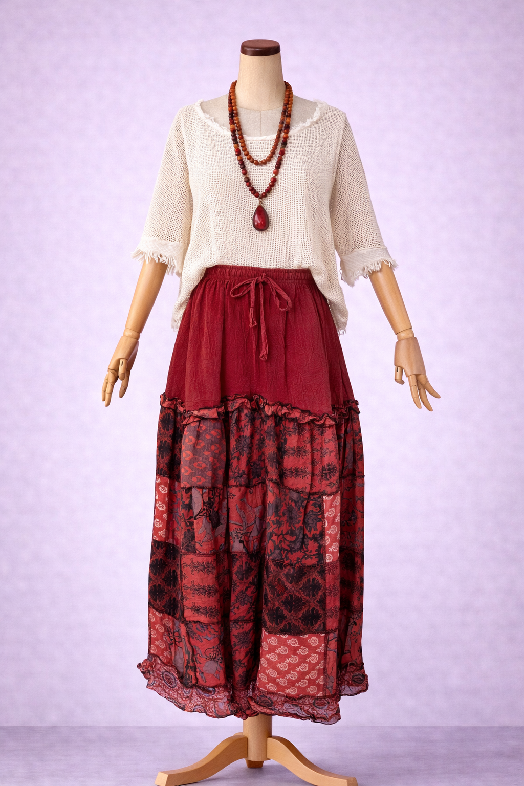 Nepal Patchwork Bohem Etek – %100 Pamuk, Lastikli Bel – Kiremit