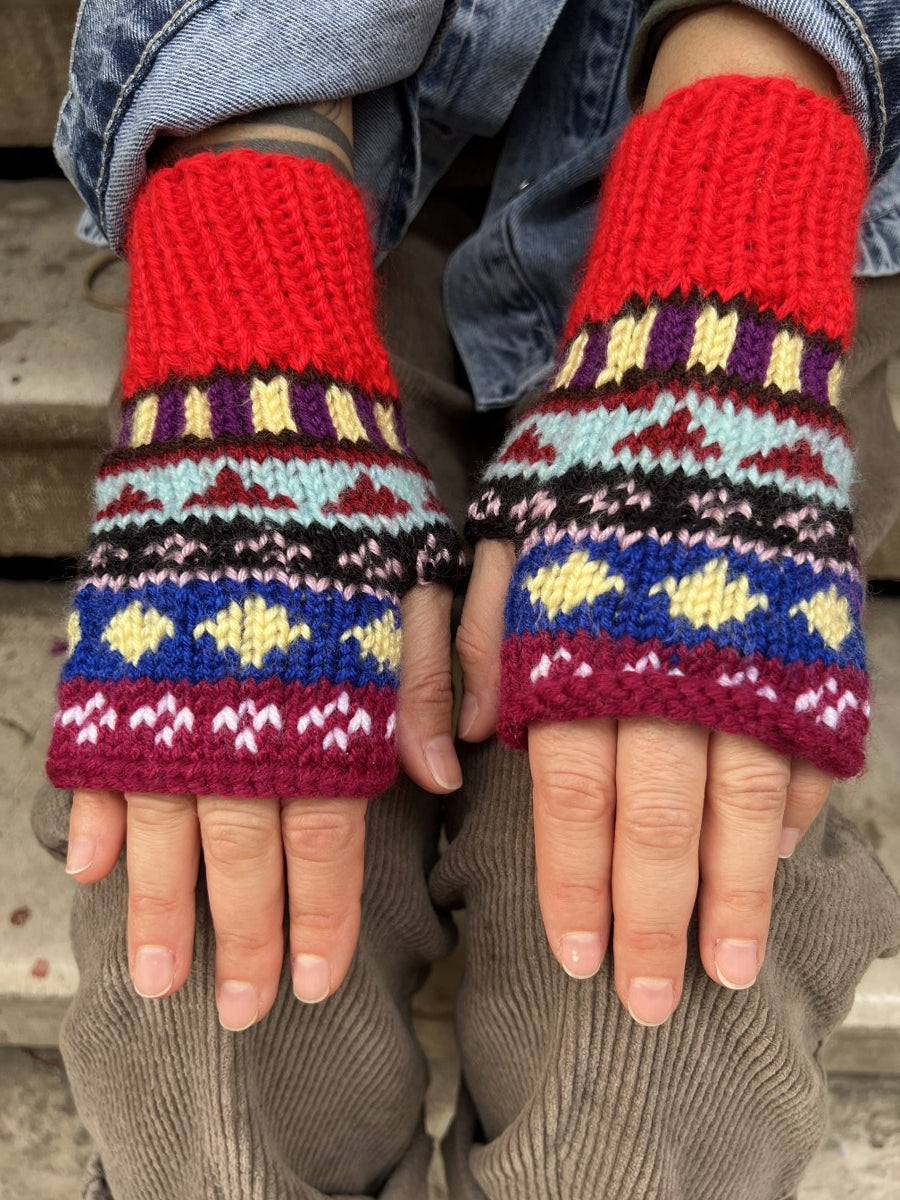 El Örgüsü Renkli Bere ve Parmaksız Eldiven Takımı - Kırmızı