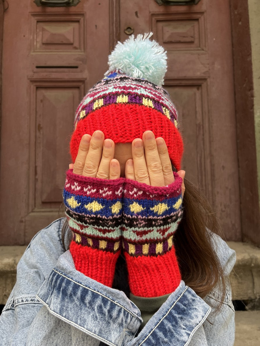 El Örgüsü Renkli Bere ve Parmaksız Eldiven Takımı - Kırmızı
