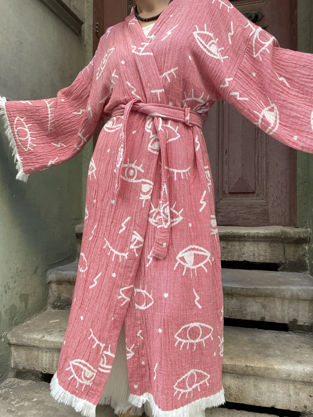 Renkli Kadın Göz Desenli Doğal Kumaş Kimono Bornoz Kaftan