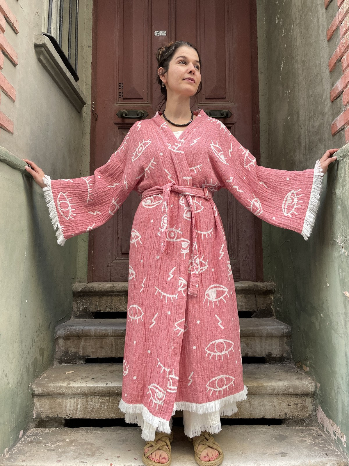 Renkli Kadın Göz Desenli Doğal Kumaş Kimono Bornoz Kaftan