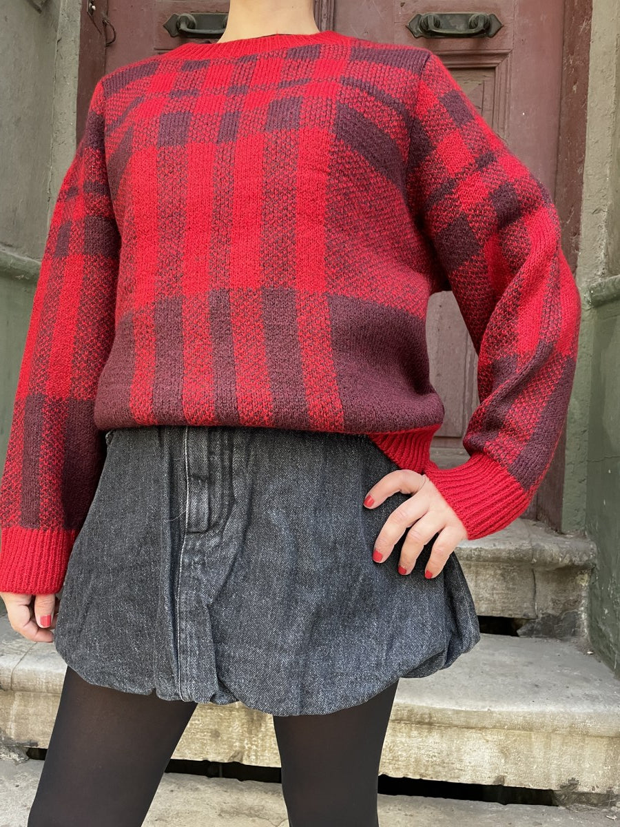 Kırmızı Ekose Dokulu Kazak