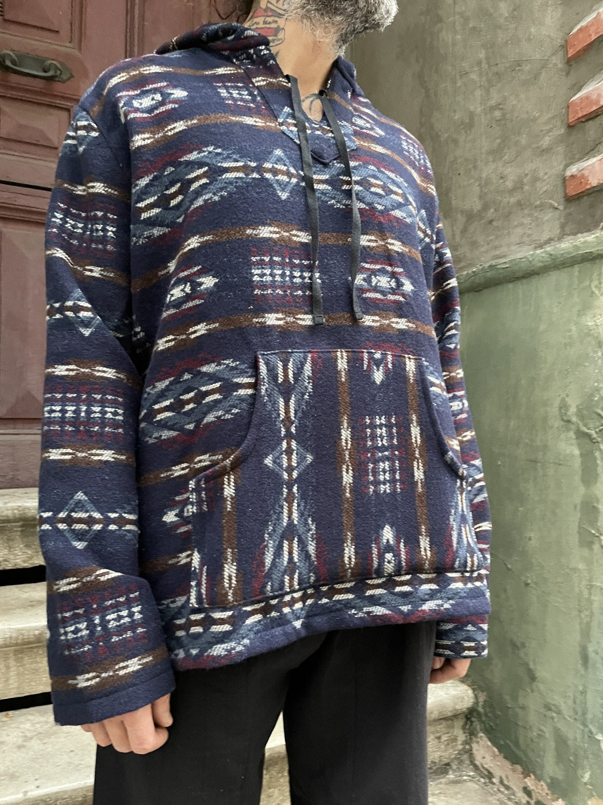 Unisex Laci Etnik Desenli Kışlık Kapüşonlu Sweatshirt