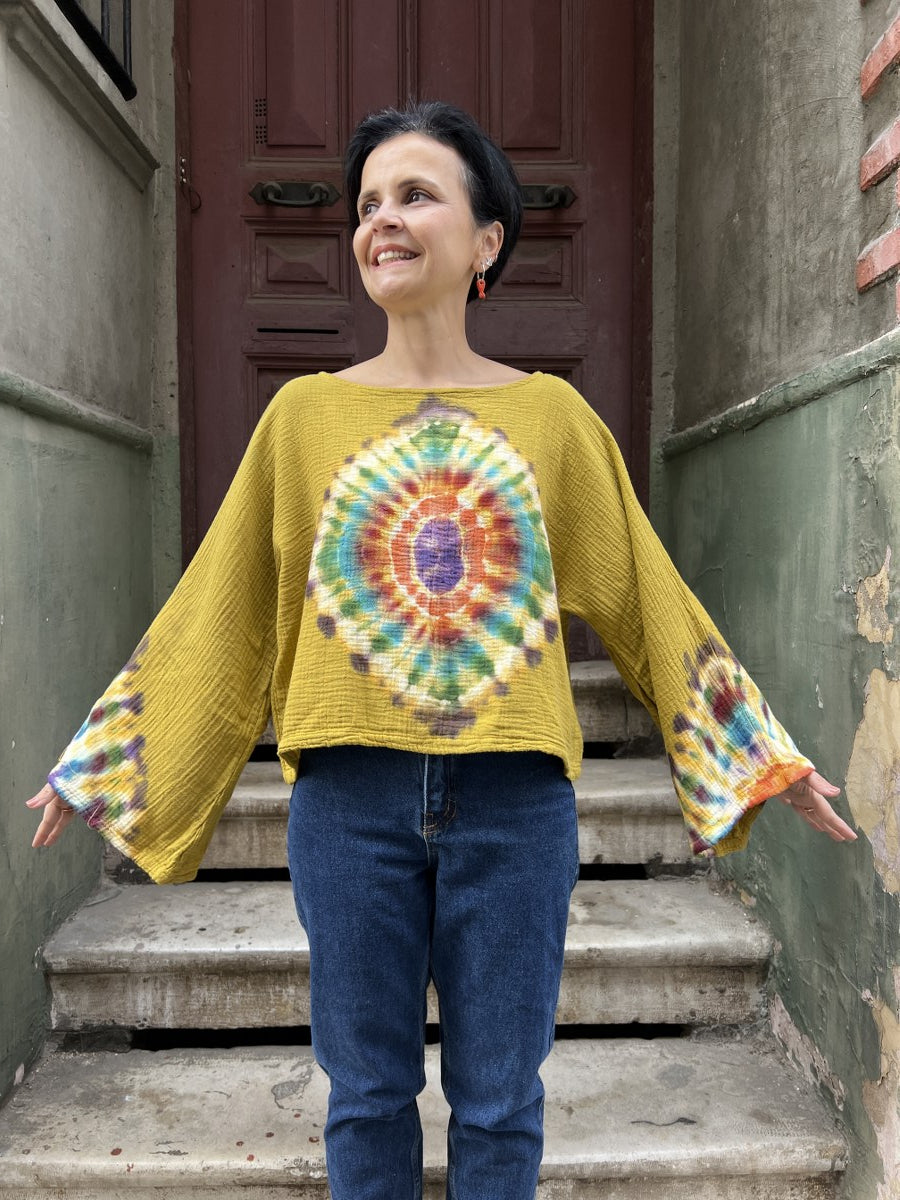 Kadın Batik Bluz Golden Mandala – El Boyaması, %100 Müslin