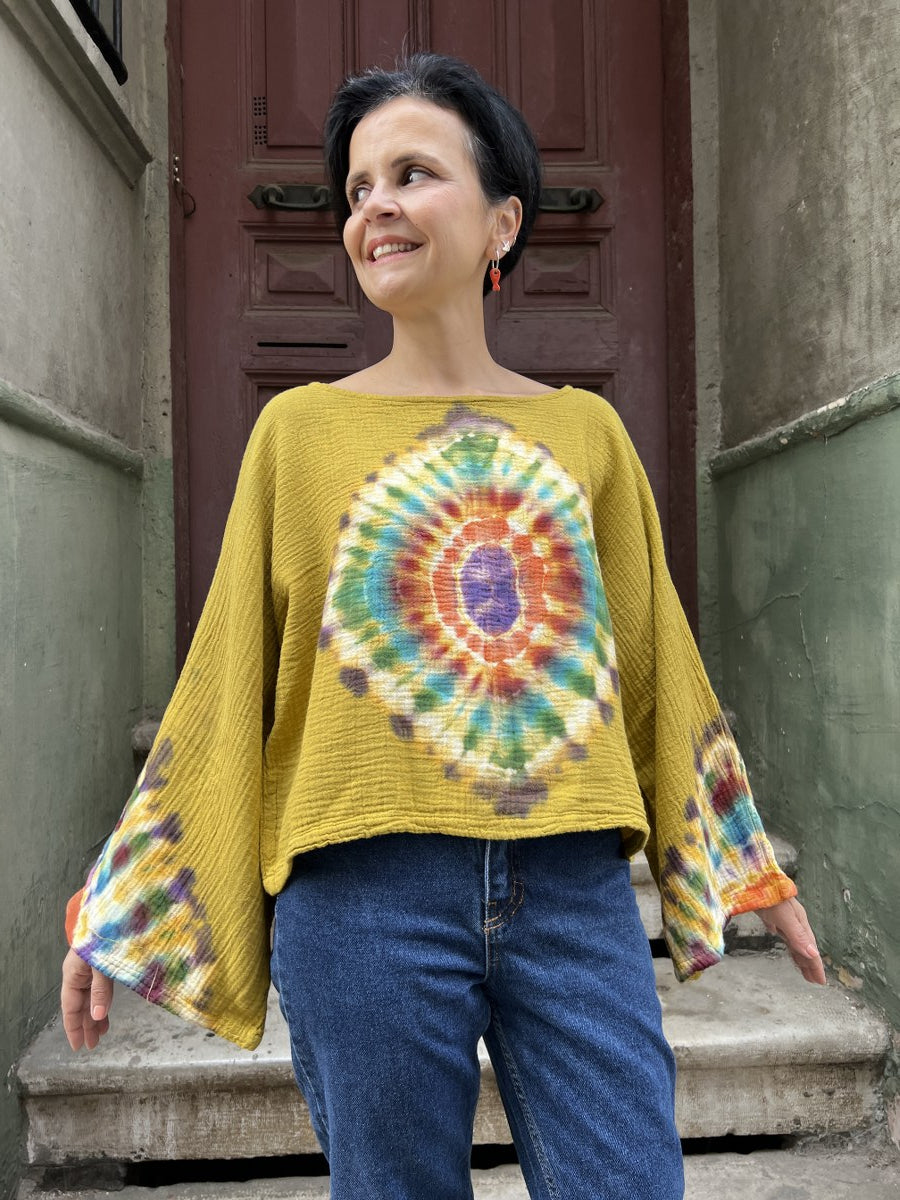 Kadın Batik Bluz Golden Mandala – El Boyaması, %100 Müslin