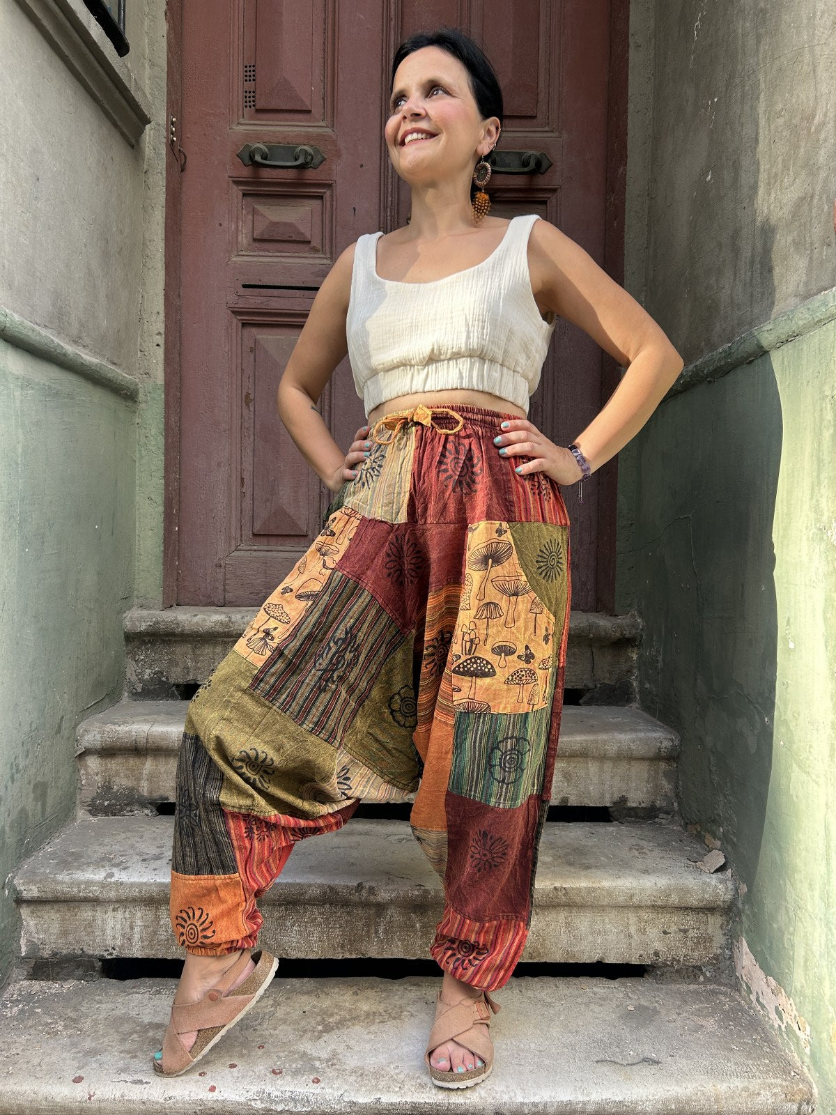 Unisex Nepal Patchwork Mantar Sarı Kadın Pantolon Şalvar