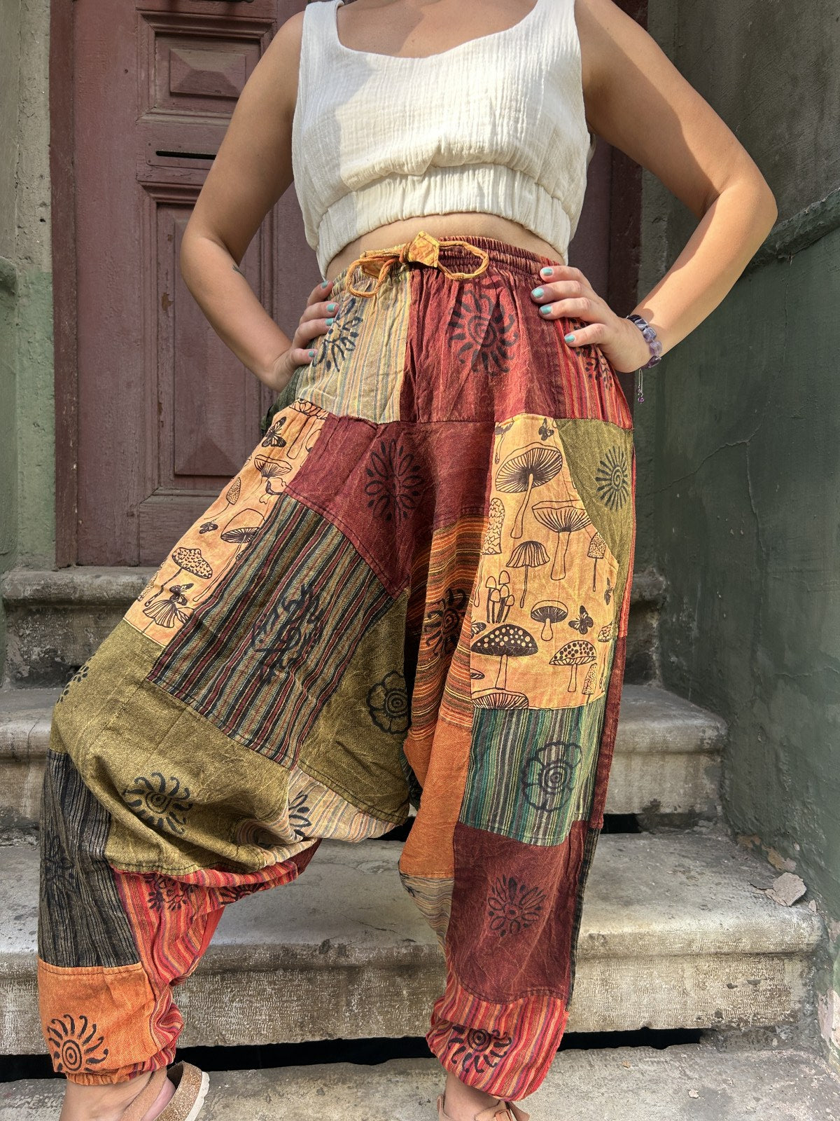 Unisex Nepal Patchwork Mantar Sarı Kadın Pantolon Şalvar