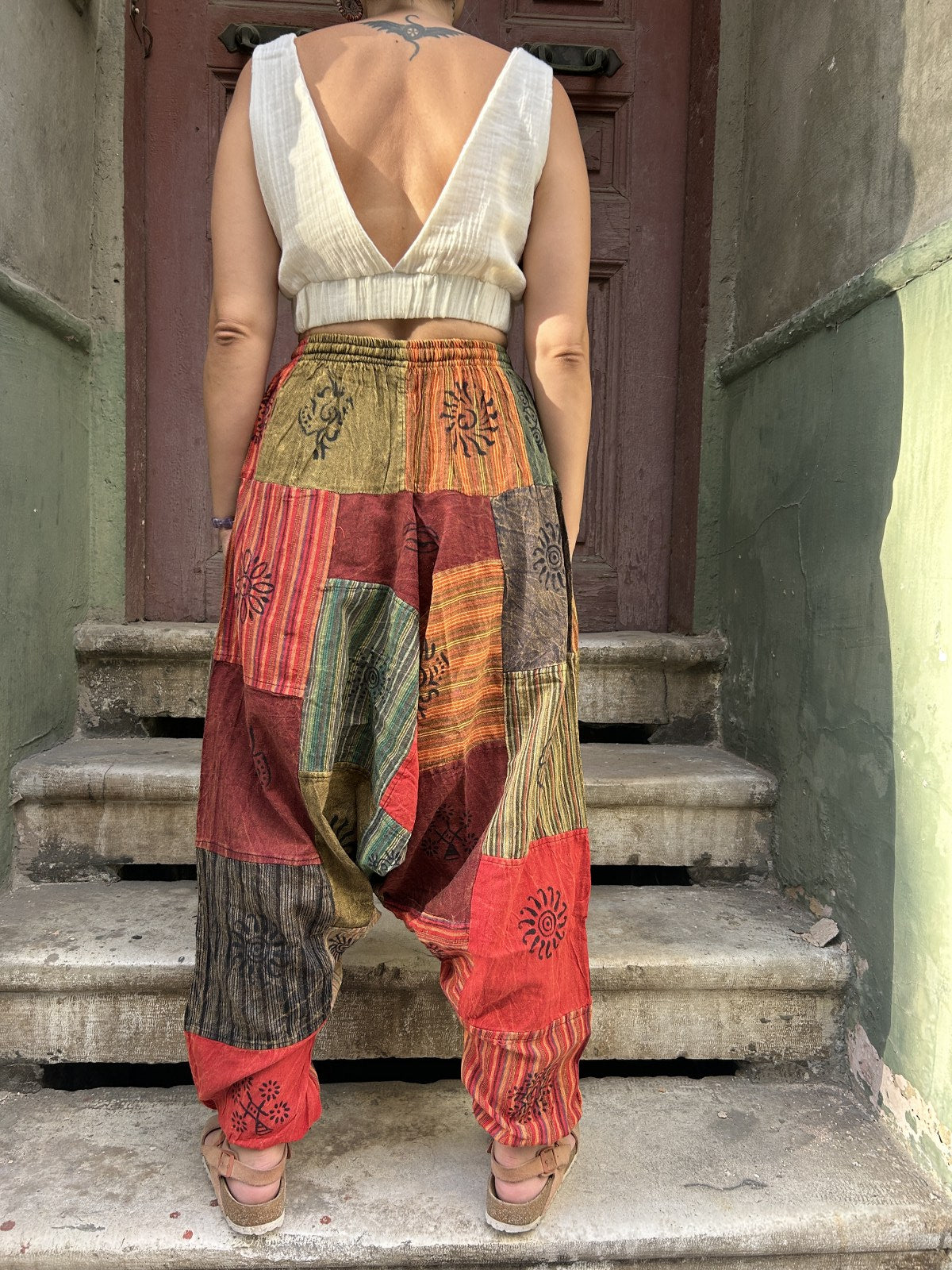 Unisex Nepal Patchwork Mantar Sarı Kadın Pantolon Şalvar