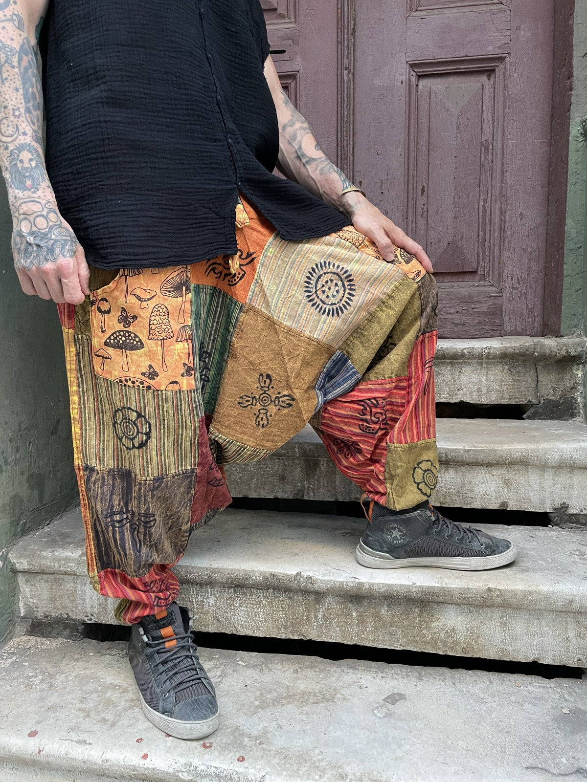 Unisex Nepal Patchwork Mantar Pantolon Şalvar