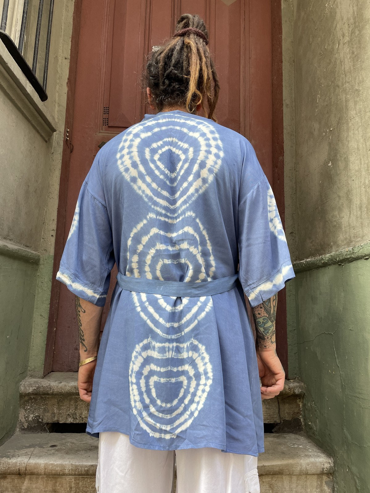 Unisex Bohem Mavi Batik Tasarım Erkek Kimono Ceket