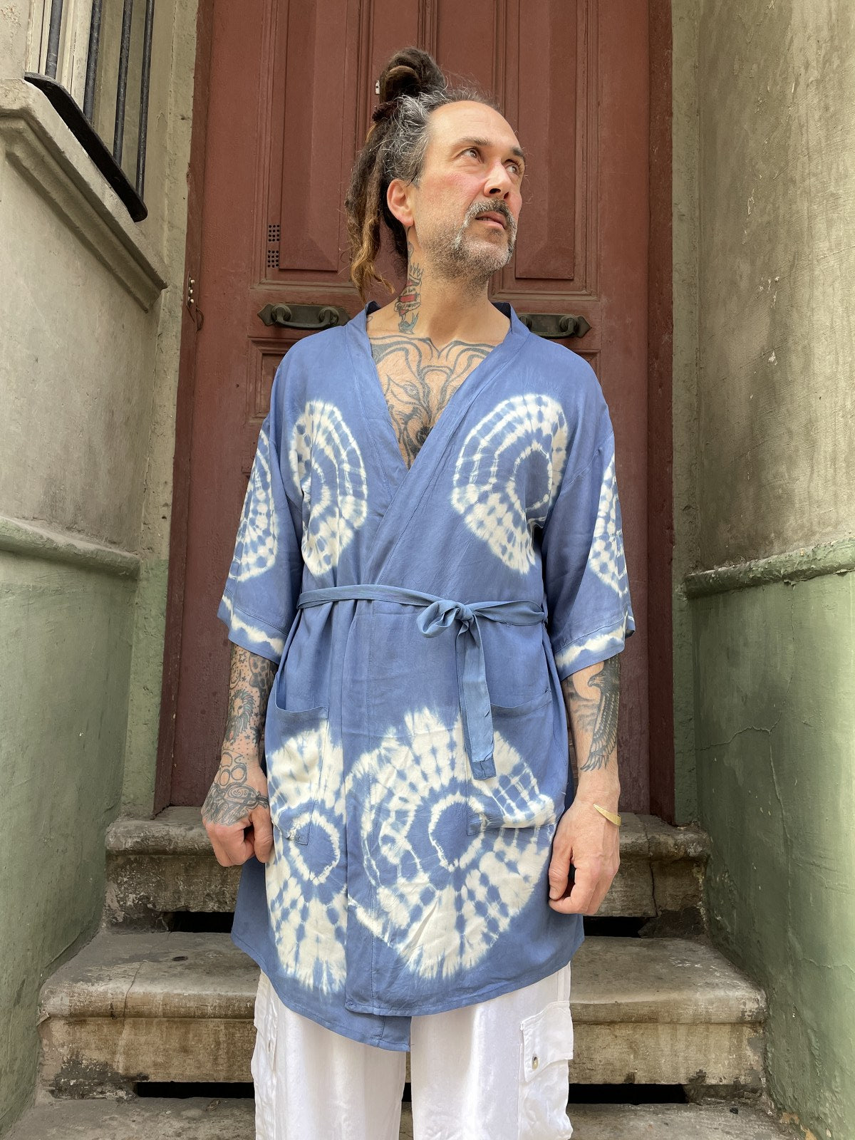 Unisex Bohem Mavi Batik Tasarım Erkek Kimono Ceket