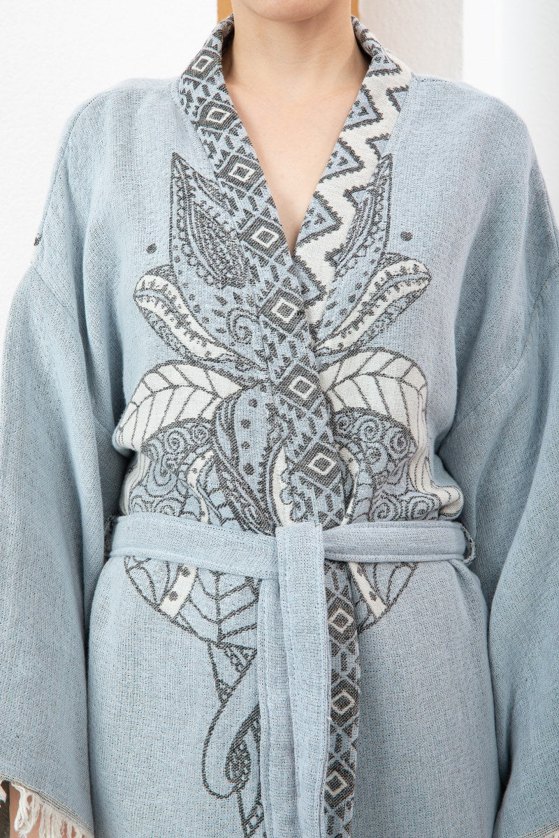 Mavi Bohem Kadın Fil Desenli Doğal Kumaş Kimono Bornoz Kaftan